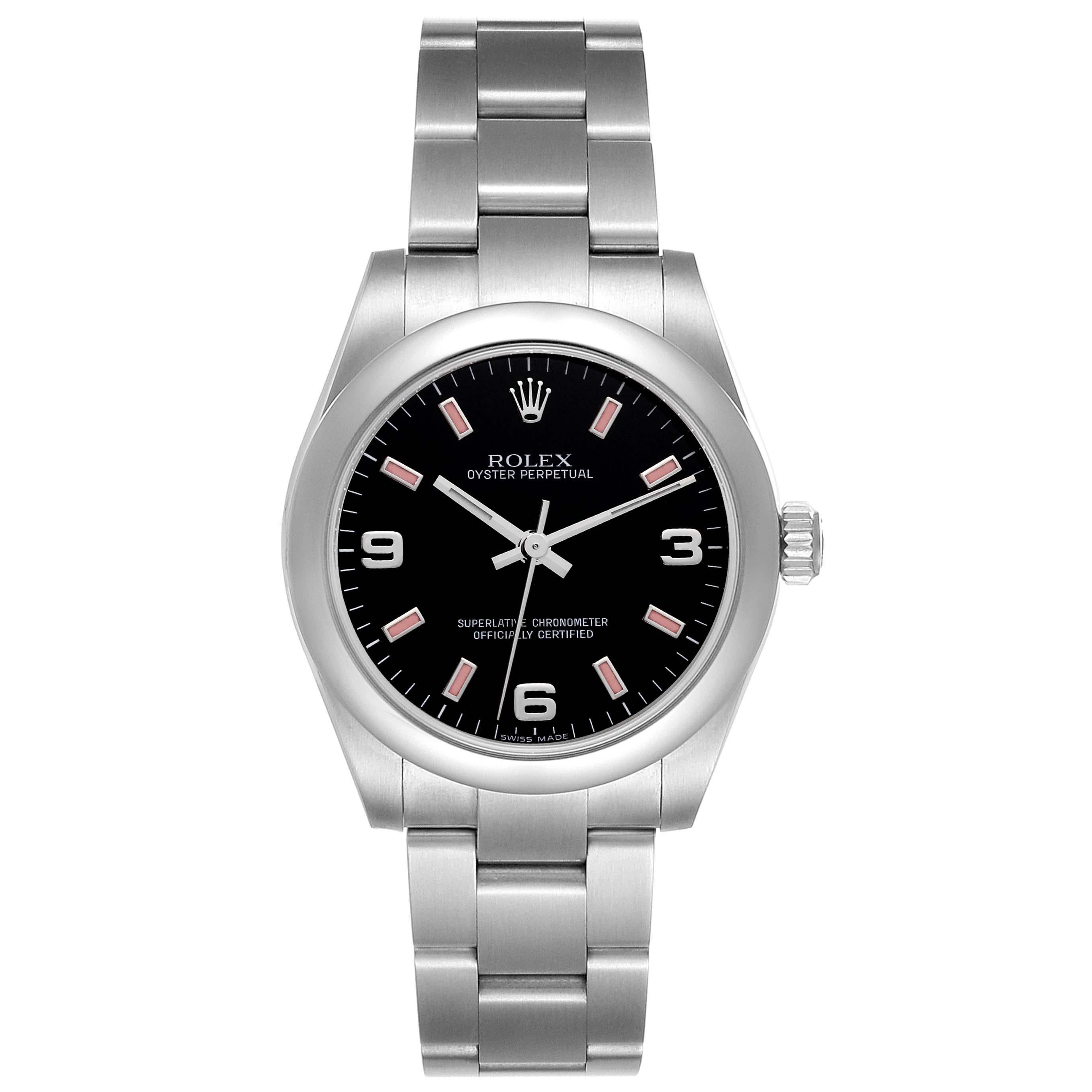 Rolex Non-Date Midsize Black Dial Pink Hour Markers Steel Ladies Watch 177200. Officially certified chronometer self-winding movement with quickset date function. Stainless steel oyster case 31.0 mm in diameter. Rolex logo on a crown. Stainless