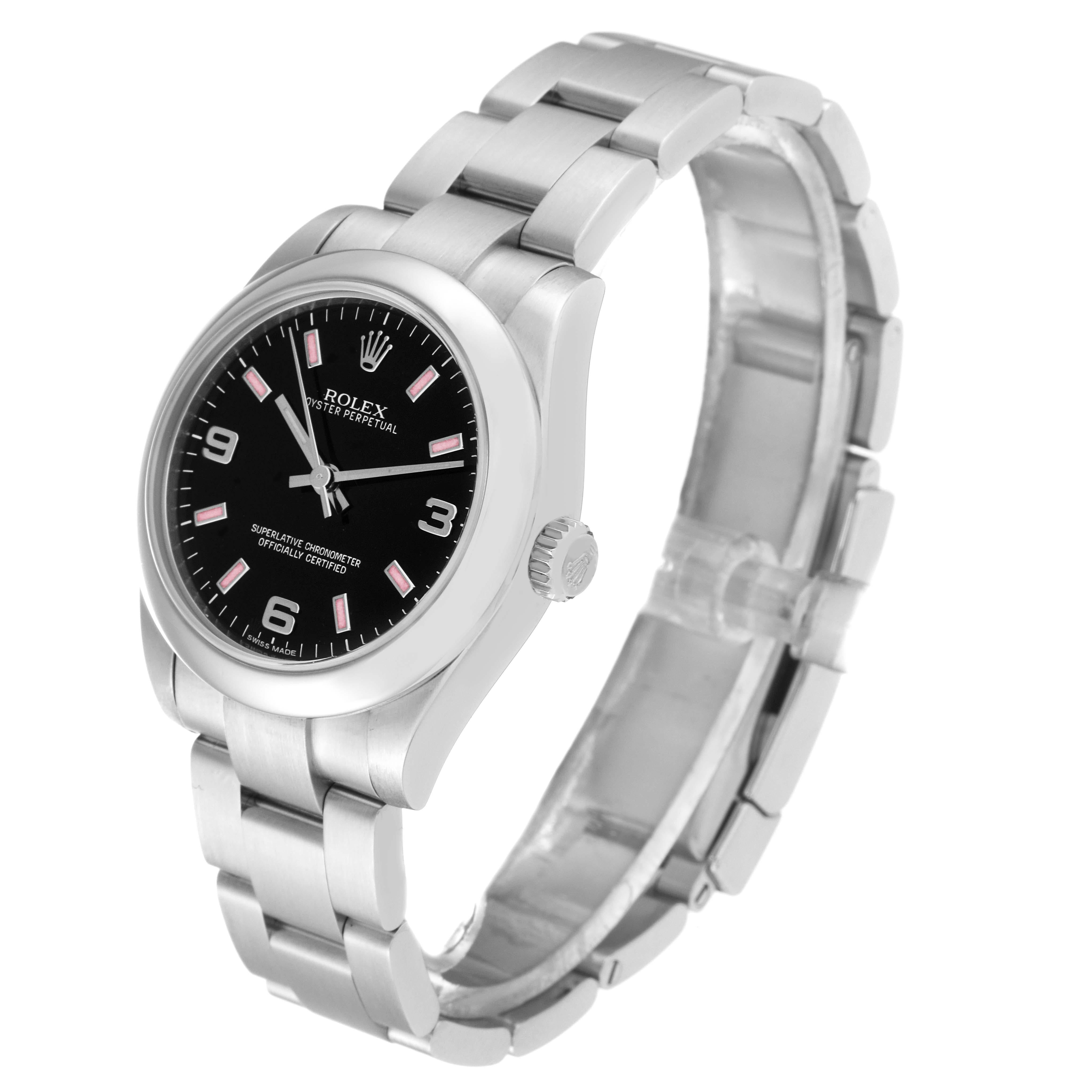 Rolex Non-Date Midsize Black Dial Pink Hour Markers Steel Ladies Watch 177200 en vente 2
