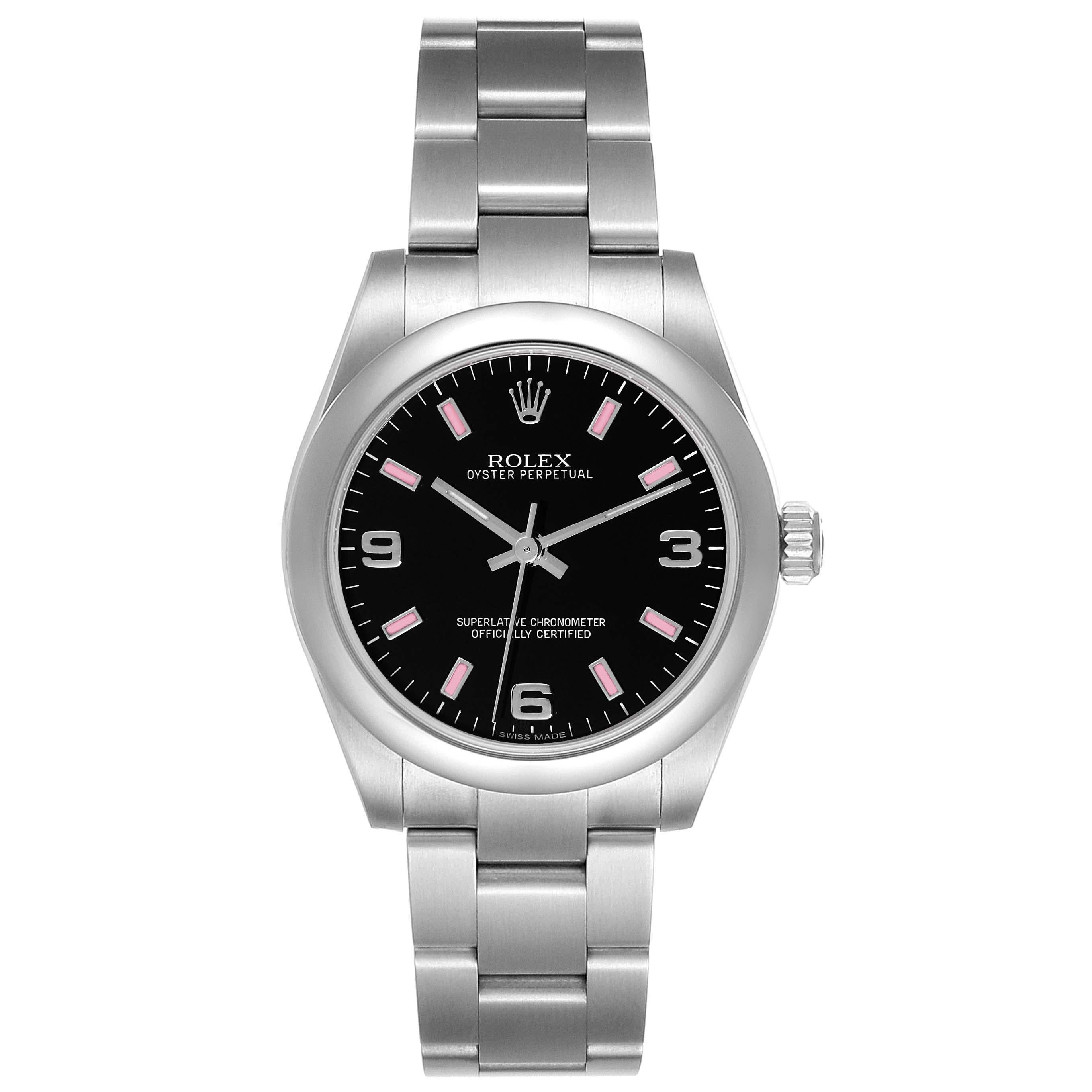 Rolex Non-Date Midsize Black Dial Pink Hour Markers Steel Ladies Watch 177200 en vente 5