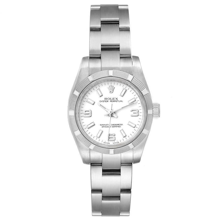 Rolex Nondate Ladies White Dial Oyster Bracelet Ladies Watch 176210 Box Card. Officially certified chronometer self-winding movement. Stainless steel oyster case 26.0 mm in diameter. Rolex logo on a crown. Stainless steel engine turned bezel.