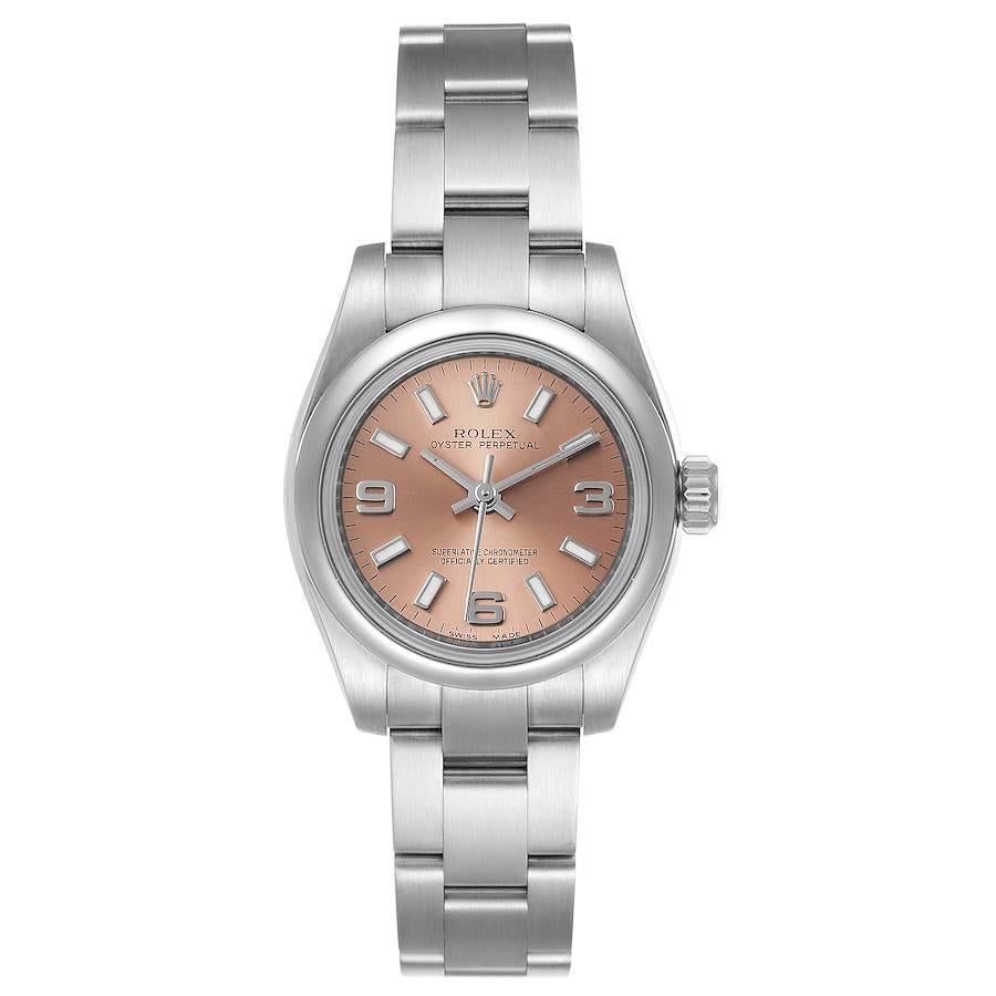 Rolex Nondate Salmon Dial Oyster Bracelet Steel Ladies Watch 176200. Officially certified chronometer self-winding movement. Stainless steel oyster case 26.0 mm in diameter. Rolex logo on a crown. Stainless steel smooth domed bezel. Scratch