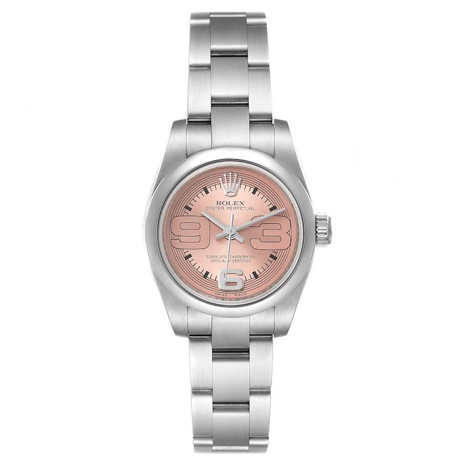 Rolex Nondate Steel Salmon Dial Oyster Bracelet Ladies Watch 176200 Box Card. Officially certified chronometer self-winding movement. Stainless steel oyster case 26.0 mm in diameter. Rolex logo on a crown. Stainless steel smooth domed bezel. Scratch