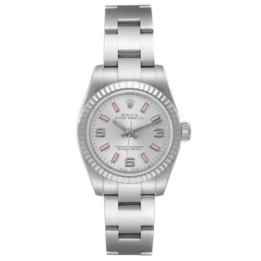 Rolex Nondate Steel White Gold Pink Hour Markers Ladies Watch 176234. Officially certified chronometer self-winding movement. Stainless steel oyster case 26.0 mm in diameter. Rolex logo on a crown. 18K white gold fluted bezel. Scratch resistant