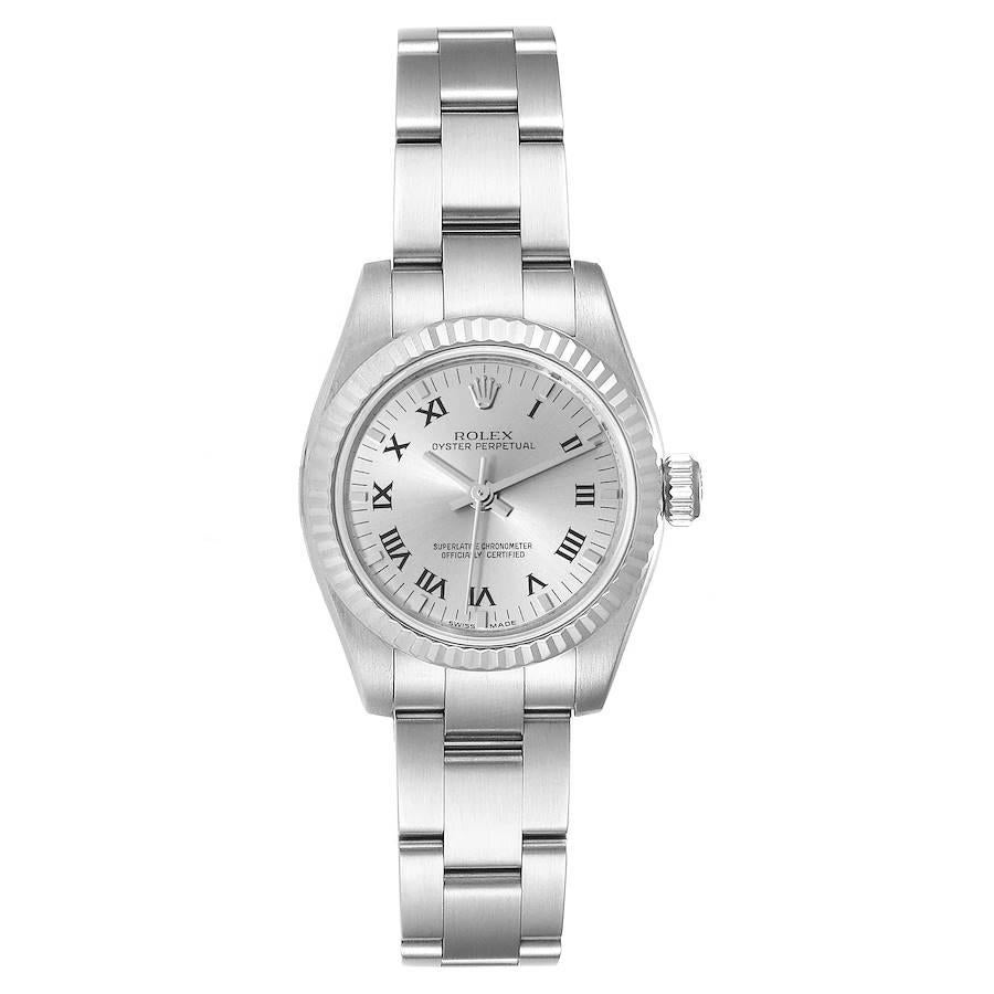 Rolex Nondate Steel White Gold Roman Numerals Ladies Watch 176234. Officially certified chronometer self-winding movement. Stainless steel oyster case 26.0 mm in diameter. Rolex logo on a crown. 18K white gold fluted bezel. Scratch resistant