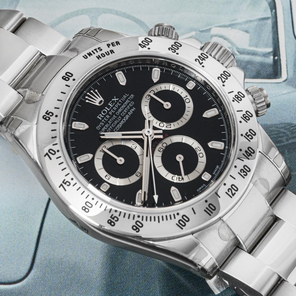 The predecessor to the 116500LN, this stainless steel Cosmograph Daytona by Rolex. Featuring a unique APH error black dial, a tachymetric scale, three chronograph counters and pushers; the Daytona was designed to be the ultimate timing tool for