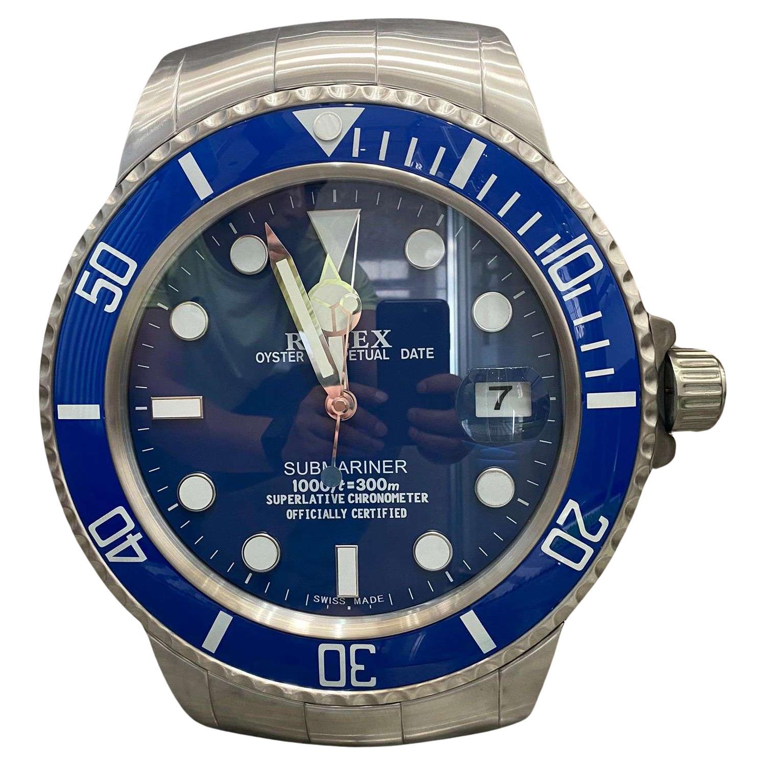 ROLEX Officially Certified Oyster Perpetual Date Blue Submariner Wall Clock  For Sale