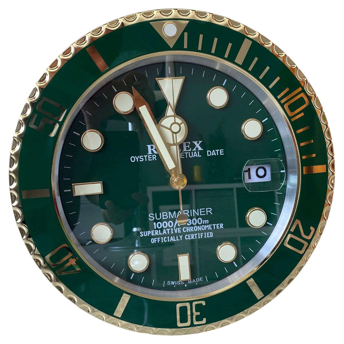 ROLEX Officially Certified Oyster Perpetual Gold & Green Submariner Wall Clock  For Sale