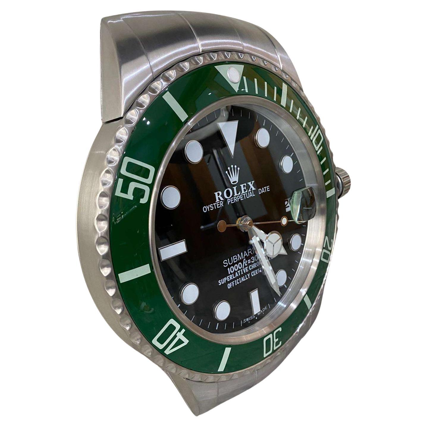 ROLEX Officially Certified Oyster Perpetual Green Submariner Wall Clock  For Sale