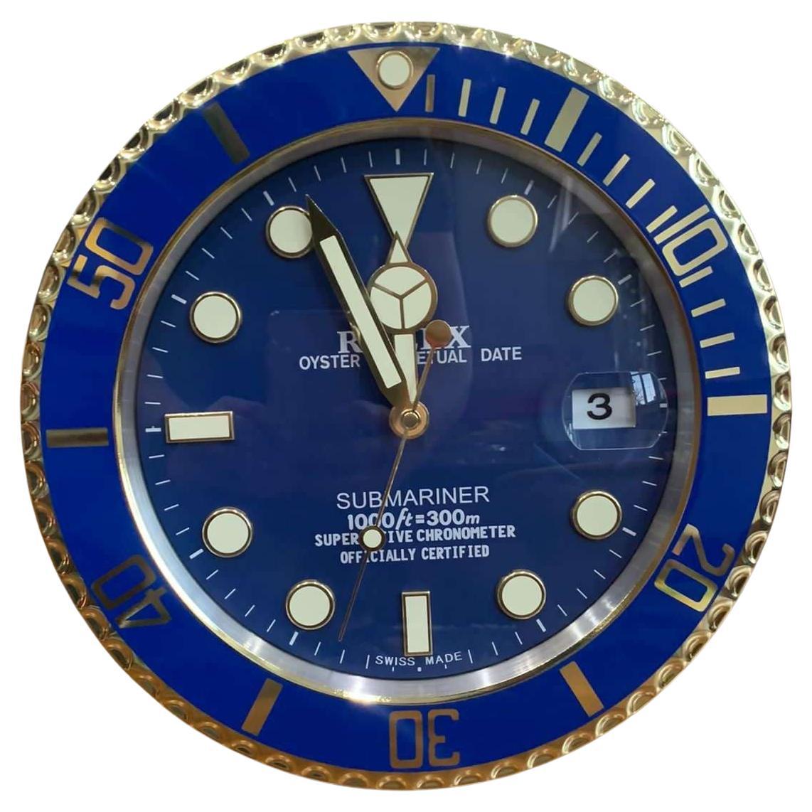 ROLEX Officially Certified Oyster Perpetual Submariner Blue & Gold Wall Clock  For Sale