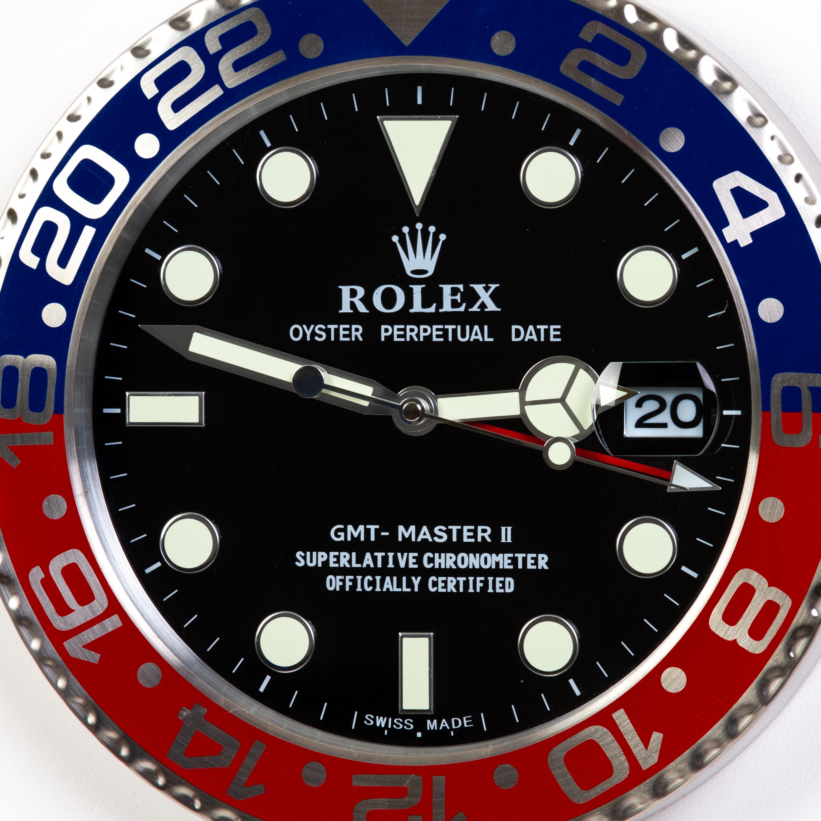 ROLEX Officially Licensed Oyster Perpetual Pepsi GMT Master II Wall Clock 
Good condition, working.
Free international shipping.