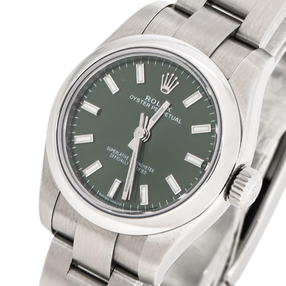 Contemporary Rolex Olive Green Stainless Steel Oyster Perpetual 176200OVSO Women's Wristwatch