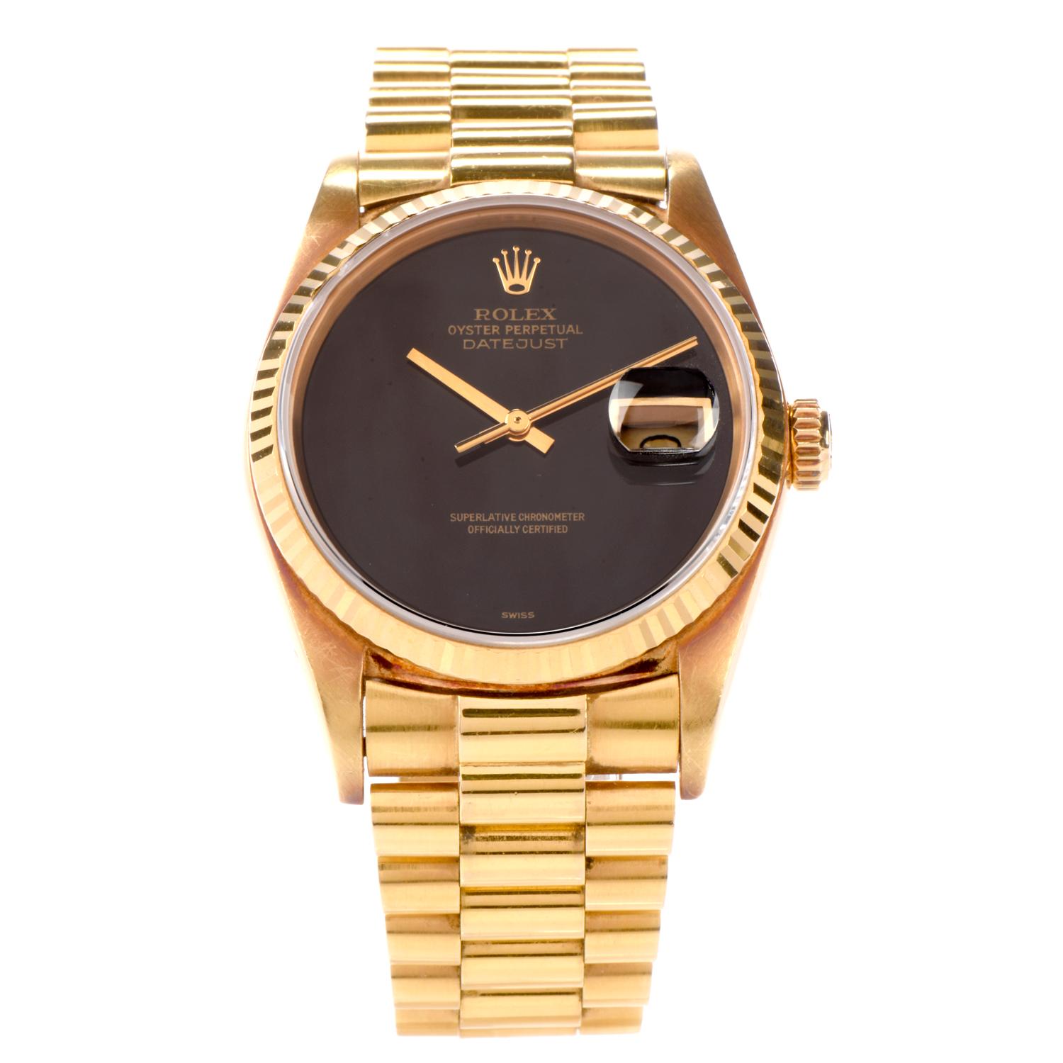 Classic Elegance for Him!

This handsome,  solid 18K gold 36mm Vintage Rolex watch will be the gift of all Time.

Highly collectible in mint condition, circa 1986, Featuring a sleek black dial, and gold hands, this watch contains  Rare Onyx Dial