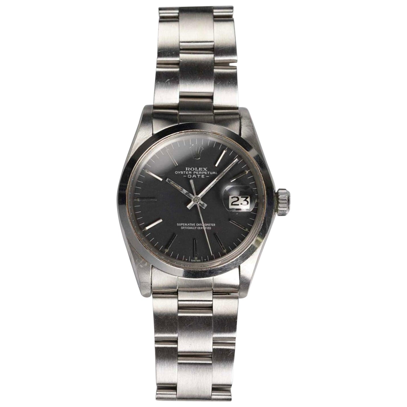 Reloj Rolex OP 1500 esfera negra de acero inoxidable, años 70