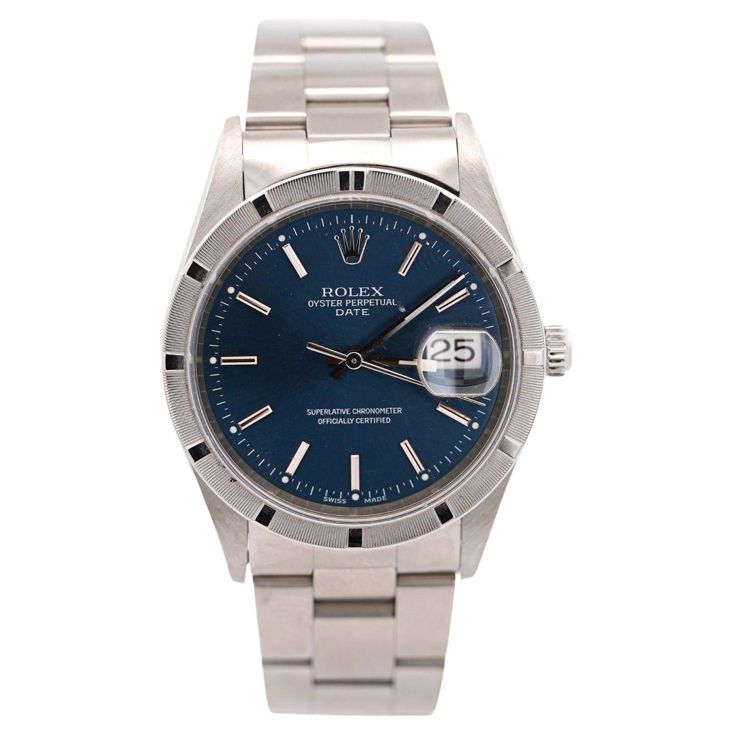 Rolex OP Date 15210 Steel Blue Dial Engine Turned Bezel Watch