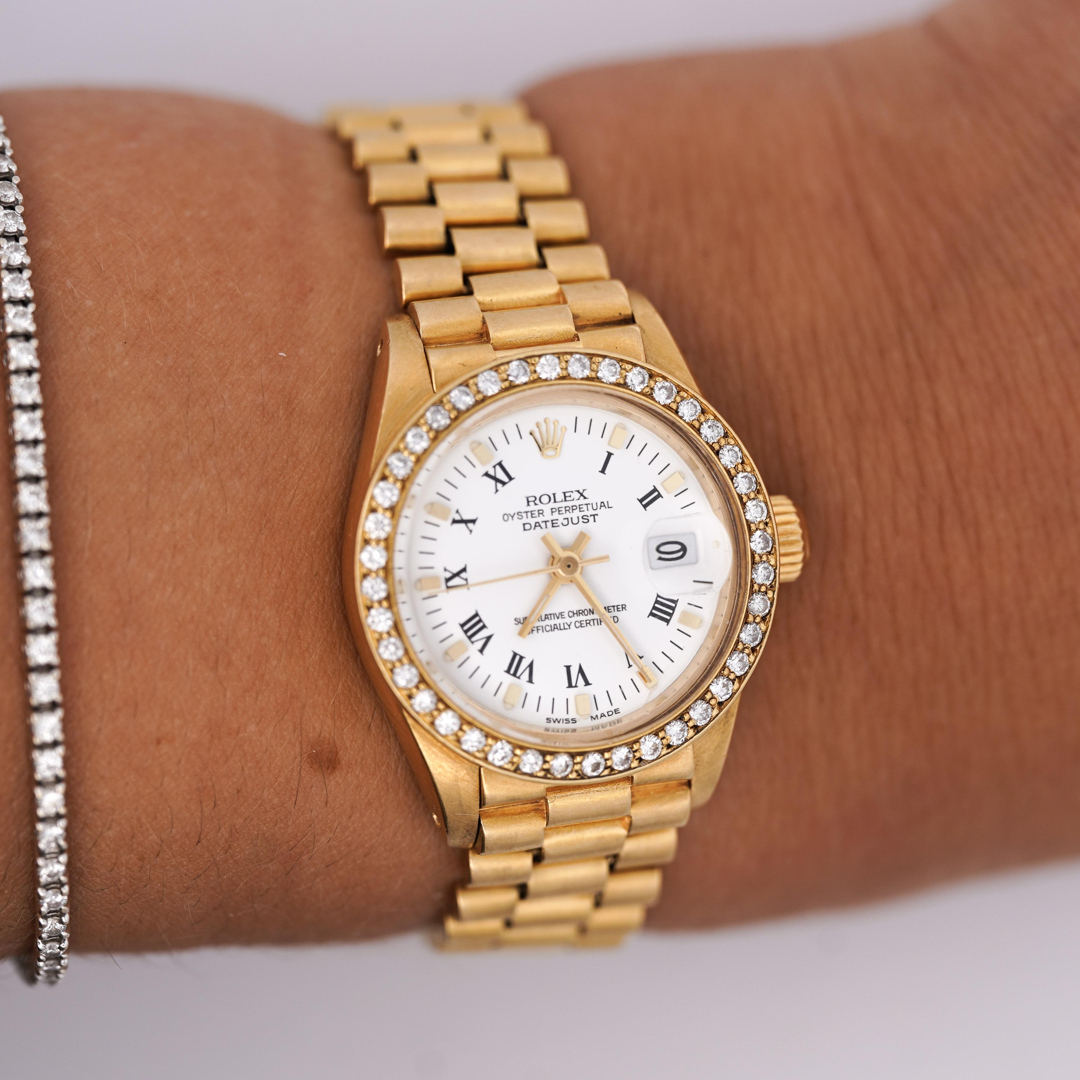 Rolex OP DateJust Presidential White Face 26mm Diamond Bezel 18K Gold Watch For Sale 5