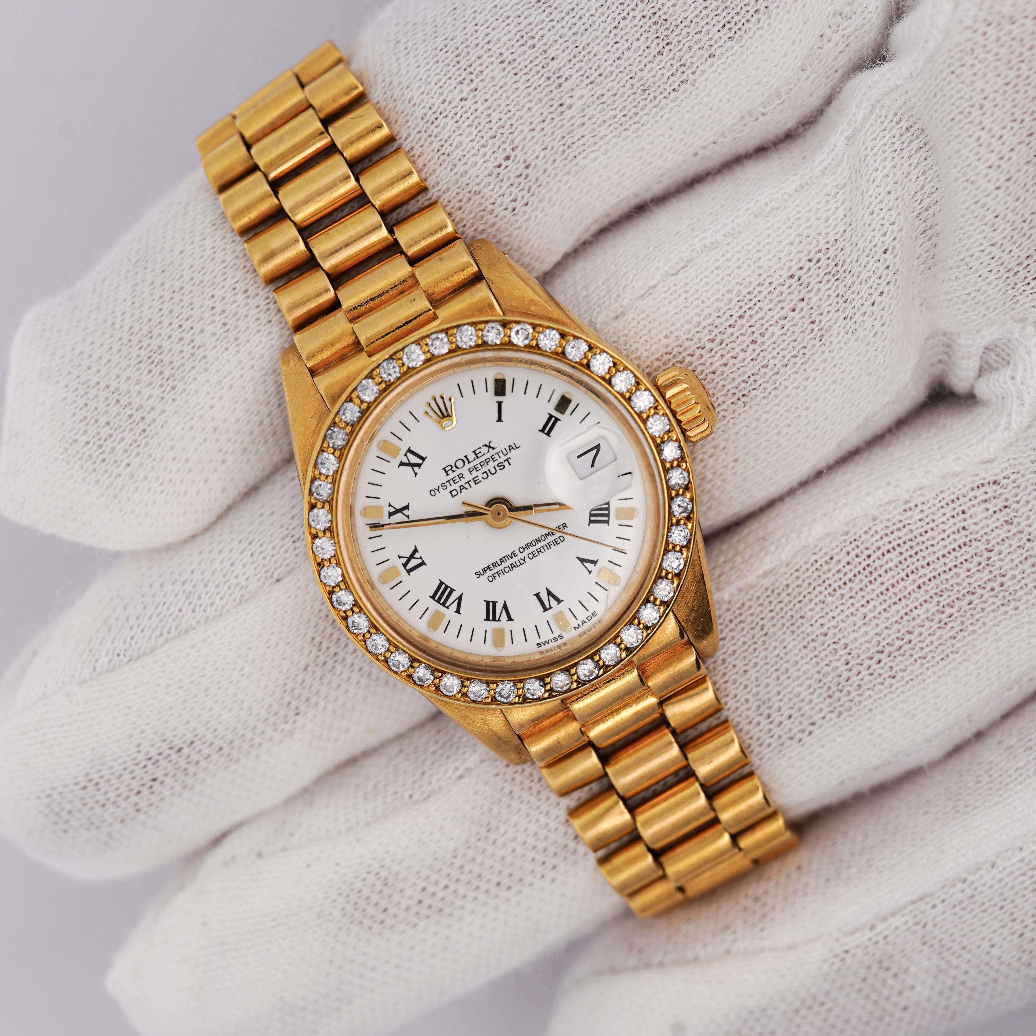 Art Deco Rolex OP DateJust Presidential White Face 26mm Diamond Bezel 18K Gold Watch For Sale