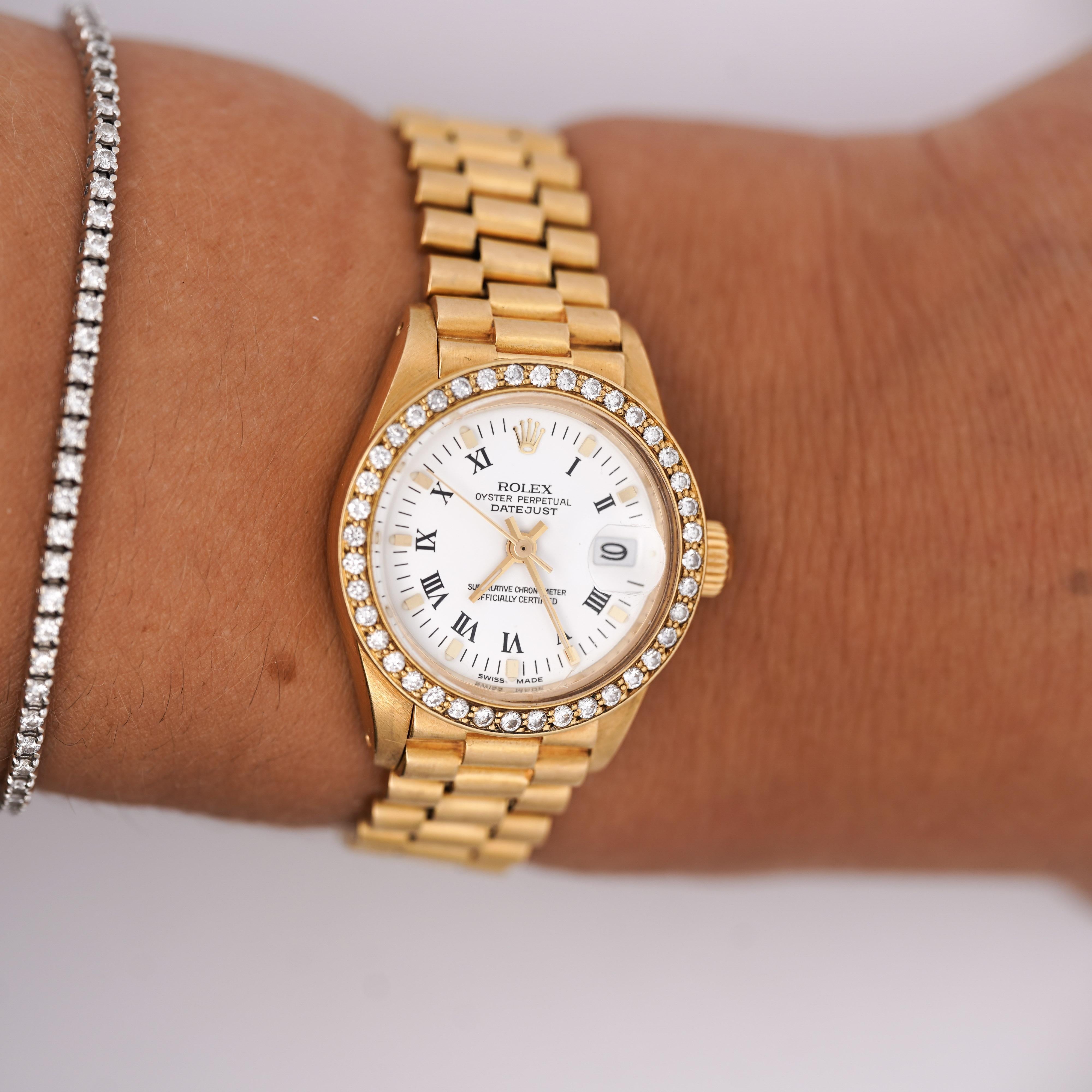 Women's Rolex OP DateJust Presidential White Face 26mm Diamond Bezel 18K Gold Watch For Sale