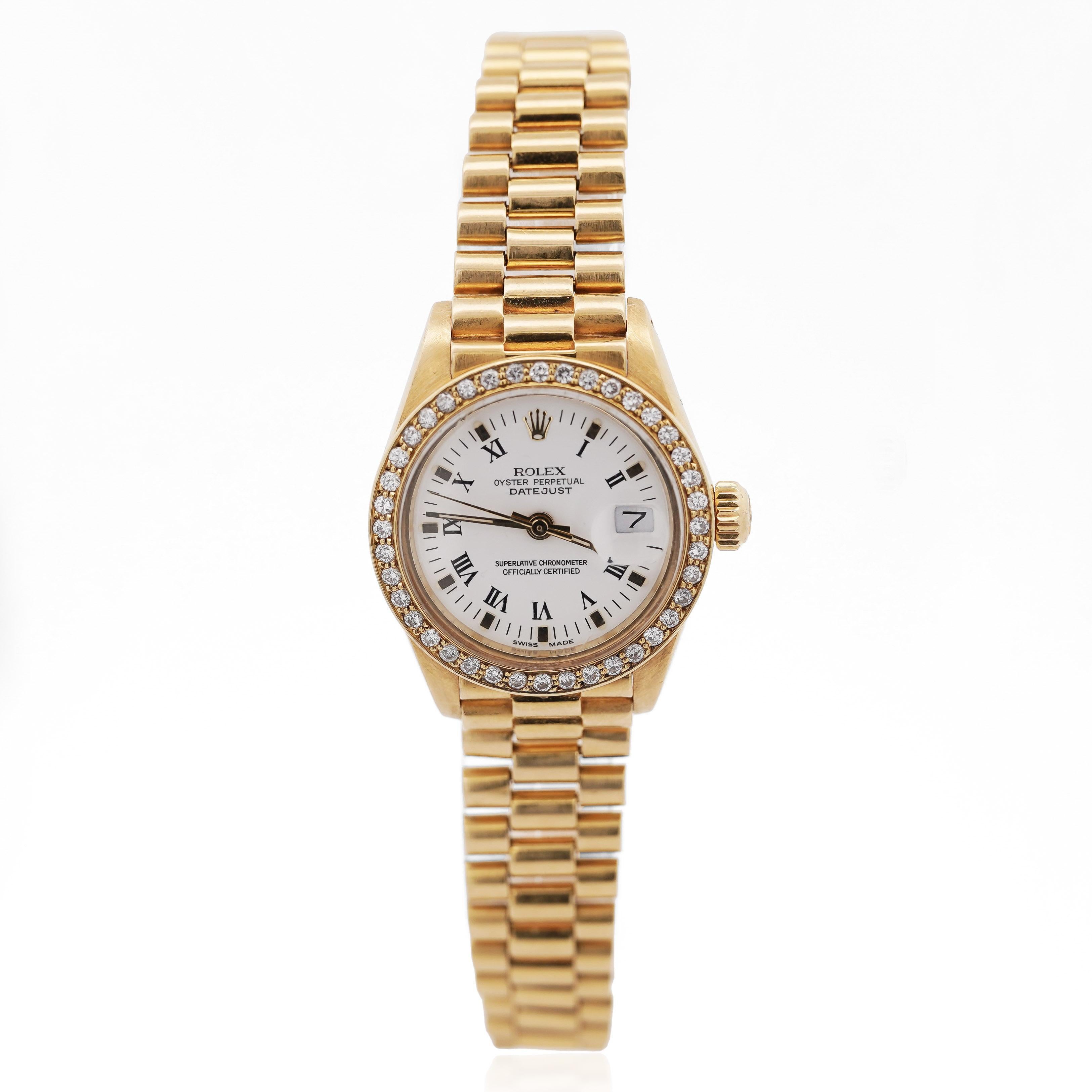 Rolex OP DateJust Presidential White Face 26mm Diamond Bezel 18K Gold Watch For Sale 4