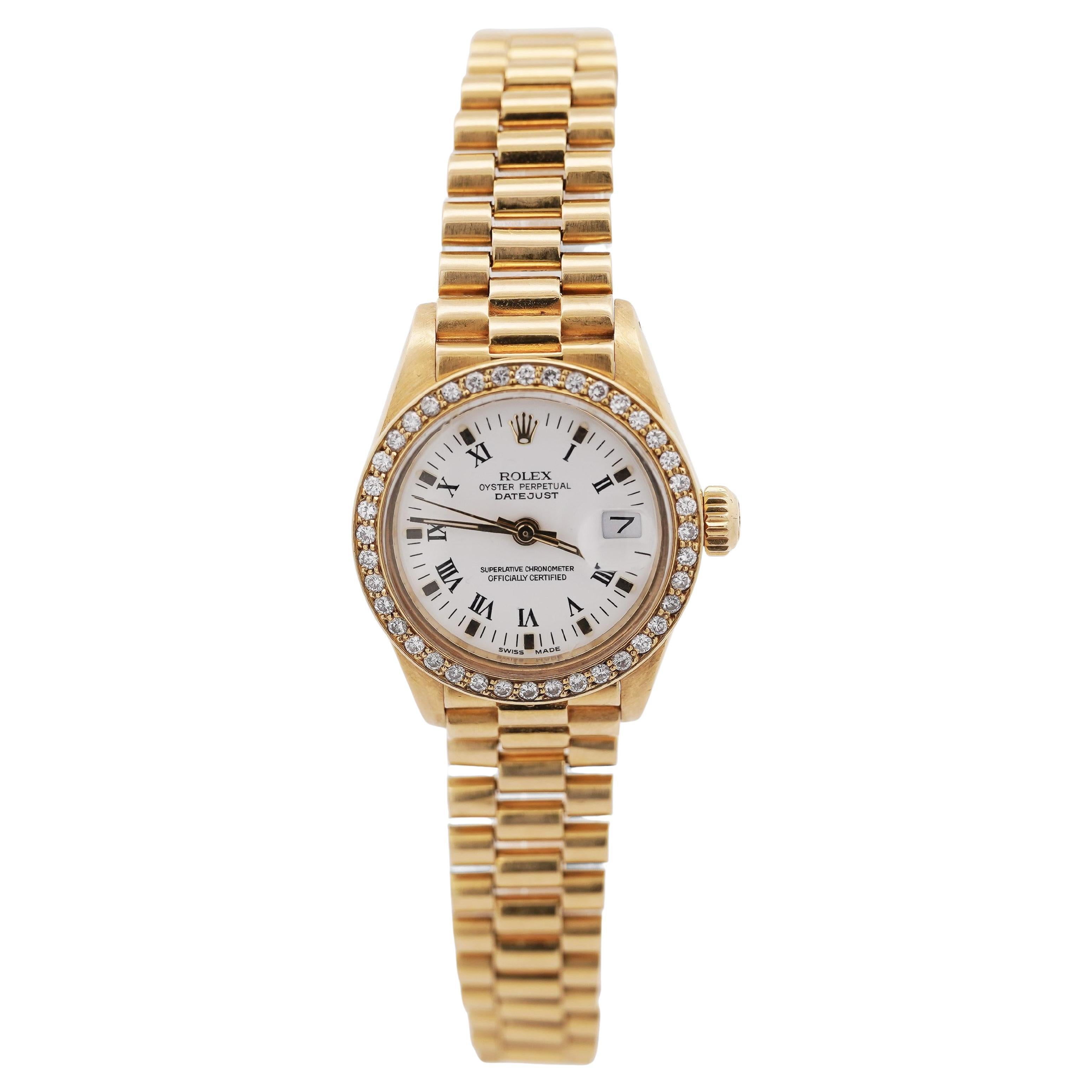 Rolex OP DateJust Presidential White Face 26mm Diamond Bezel 18K Gold Watch For Sale