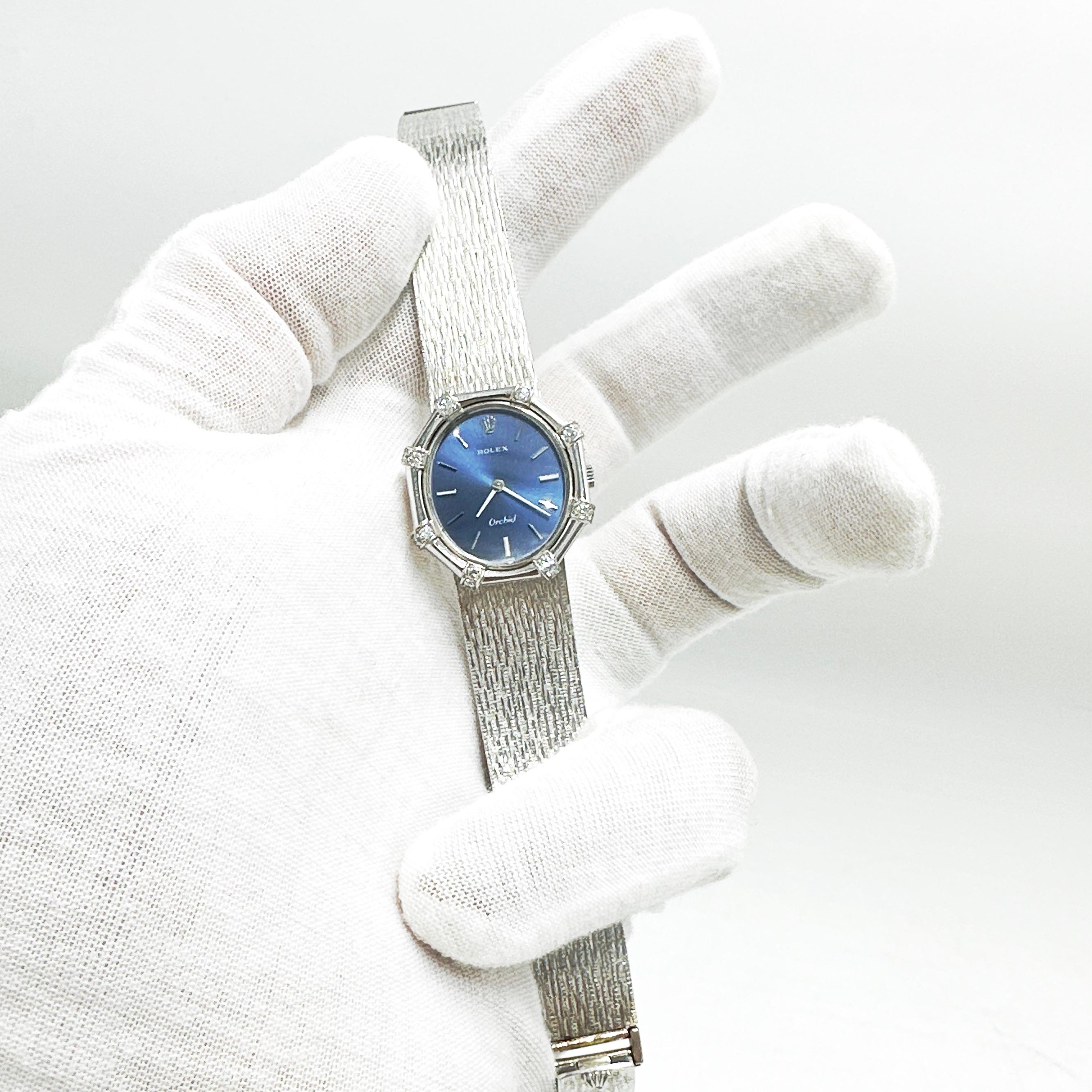 Here is an elegant and beautiful ROLEX Orchid 18k White Gold Ladies Mechanical Wind Wristwatch.

This is the Orchid model which is a lesser-known but elegant and refined model in Rolex's lineup, often associated with the brand's more delicate and