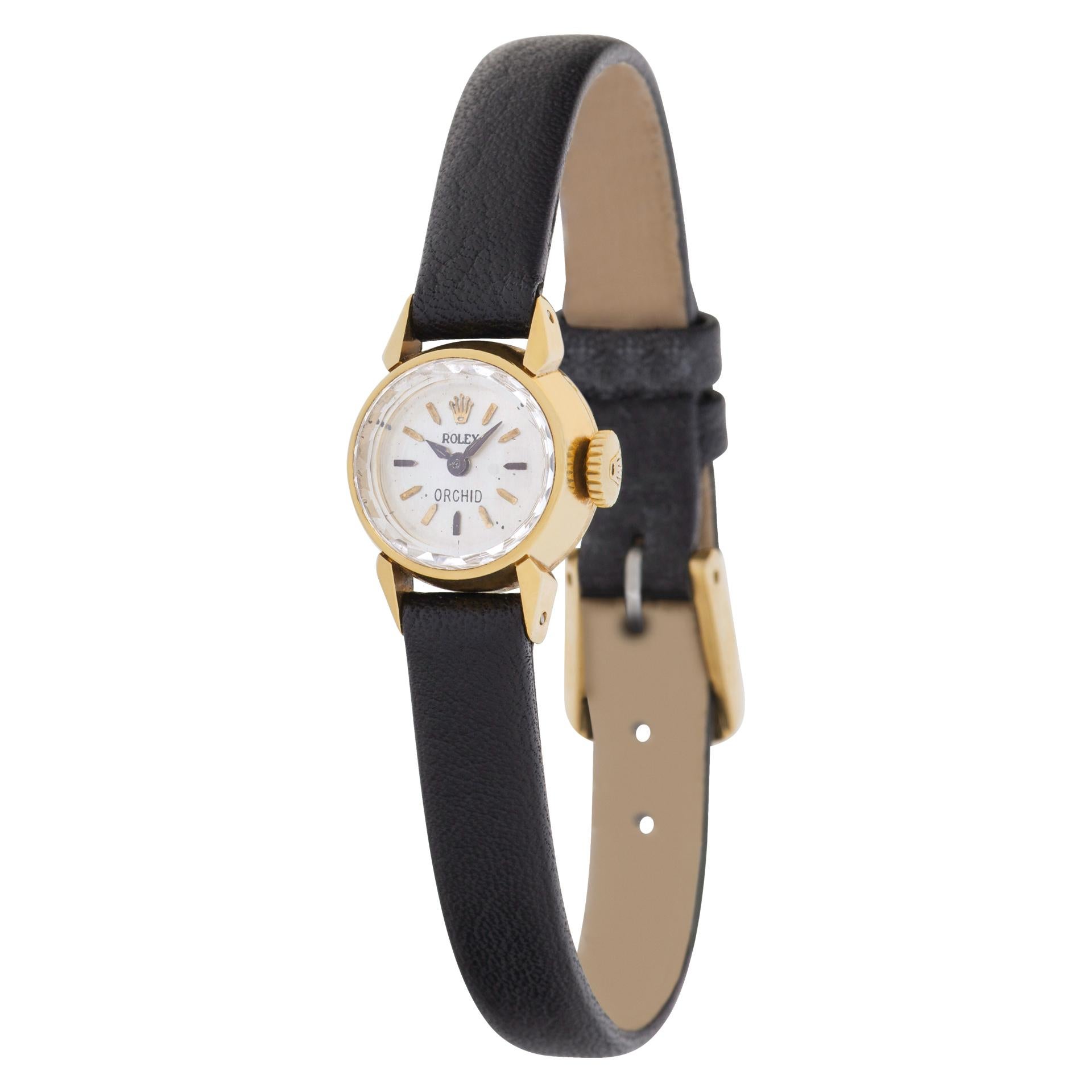 Vintage ladies Rolex Orchid in 18k on leather strap. Manual wind. Cal. 1401 movement. 15mm case size. Fine Pre-owned Rolex Watch.

Certified preowned Vintage Rolex Orchid 3361 watch is made out of yellow gold on a Black Leather strap with a Gold
