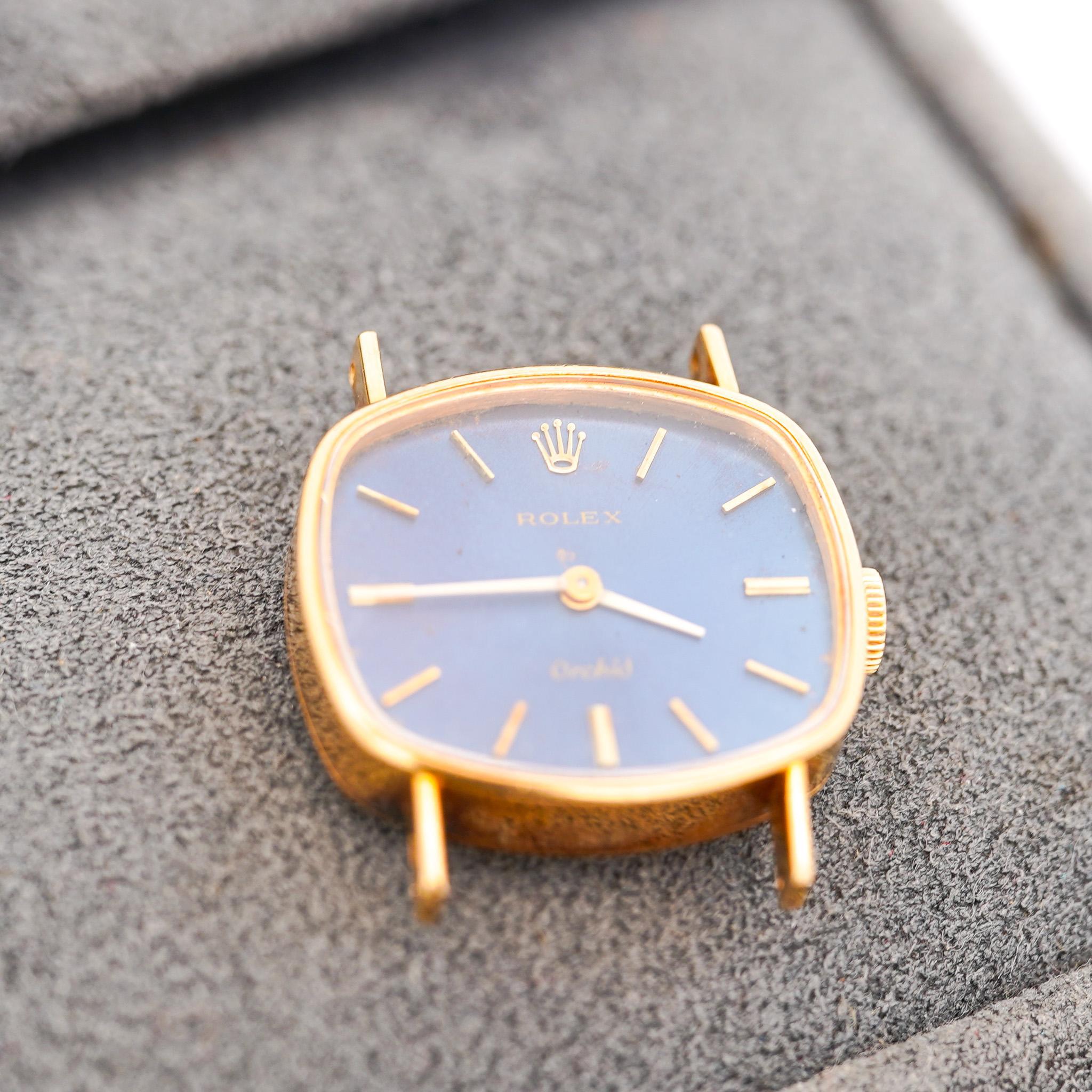 Retro Rolex Orchid Blue Dial 18K Yellow Gold Vintage Cocktail Ladies Watch Face