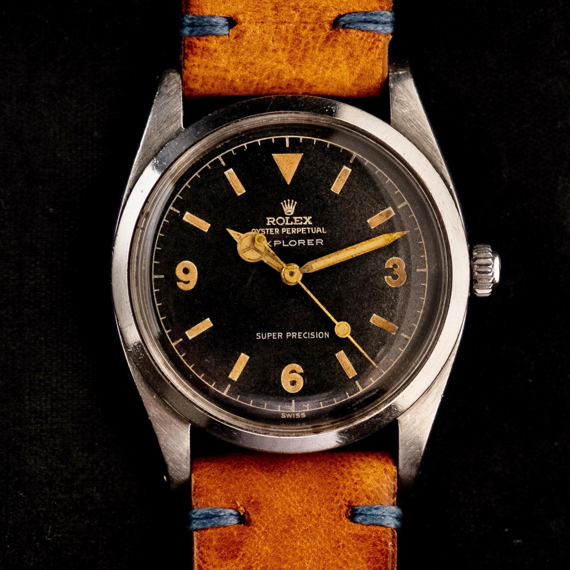 Rolex Original Explorer Chapter Ring Gilt Dial 5504 Steel Automatic Watch, 1959 In Good Condition In Central & Western District, HK