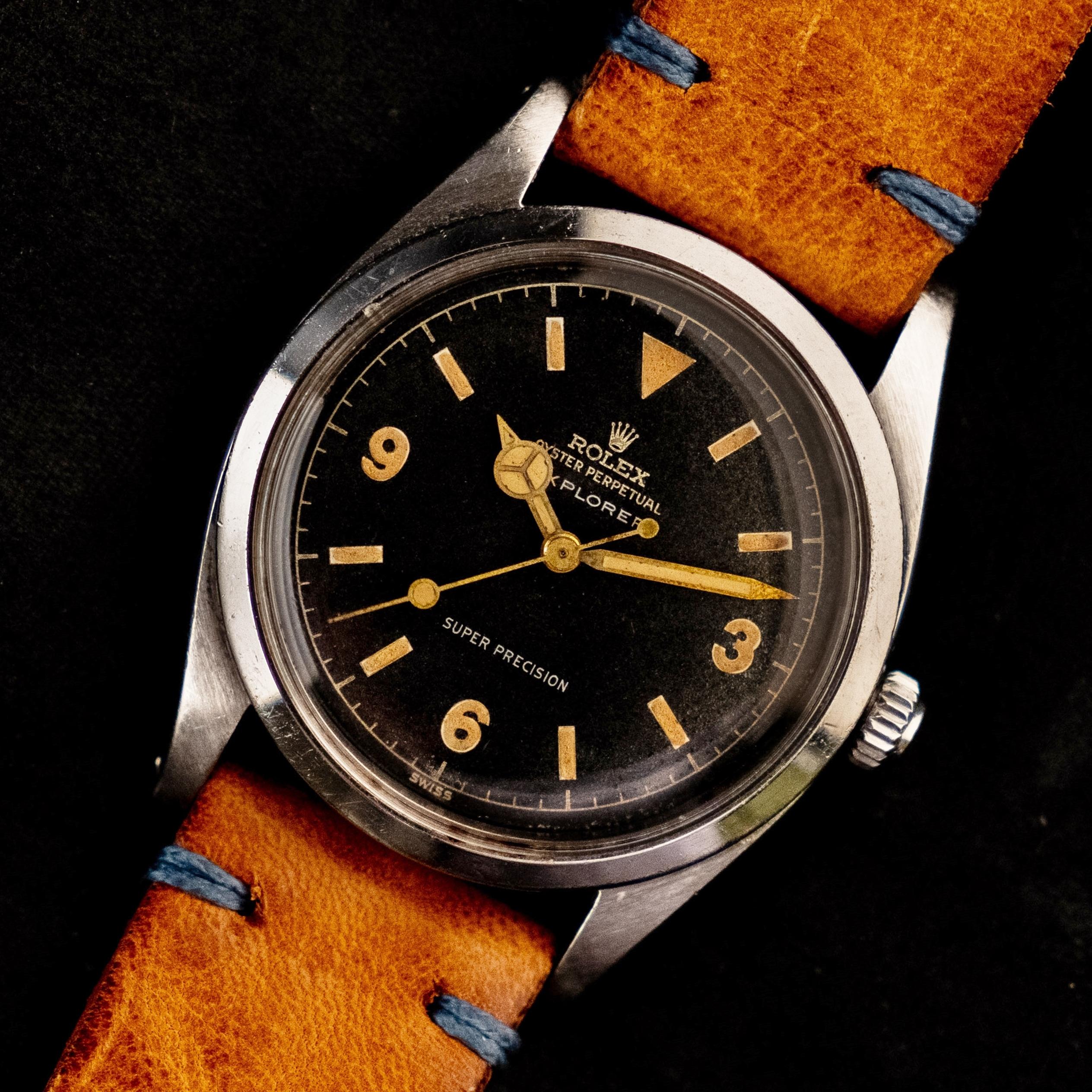 Women's or Men's Rolex Original Explorer Chapter Ring Gilt Dial 5504 Steel Automatic Watch, 1959