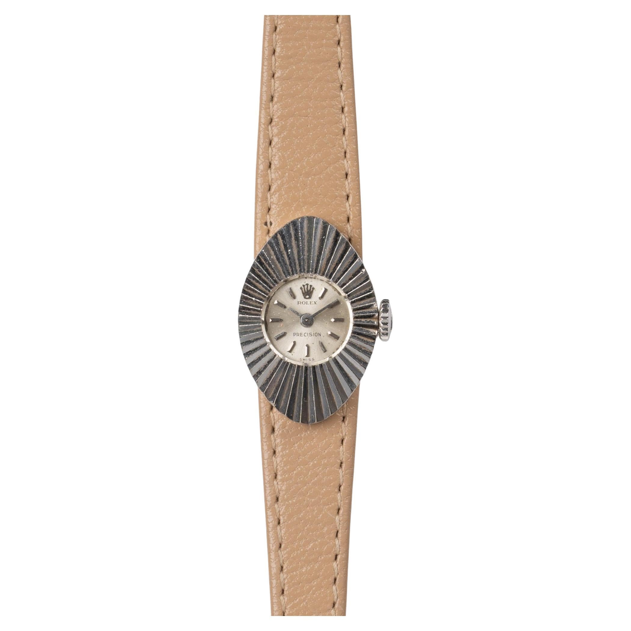 Rolex Oval Chamäleon Präzision 18k WG geriffelt Fall 1967 im Angebot