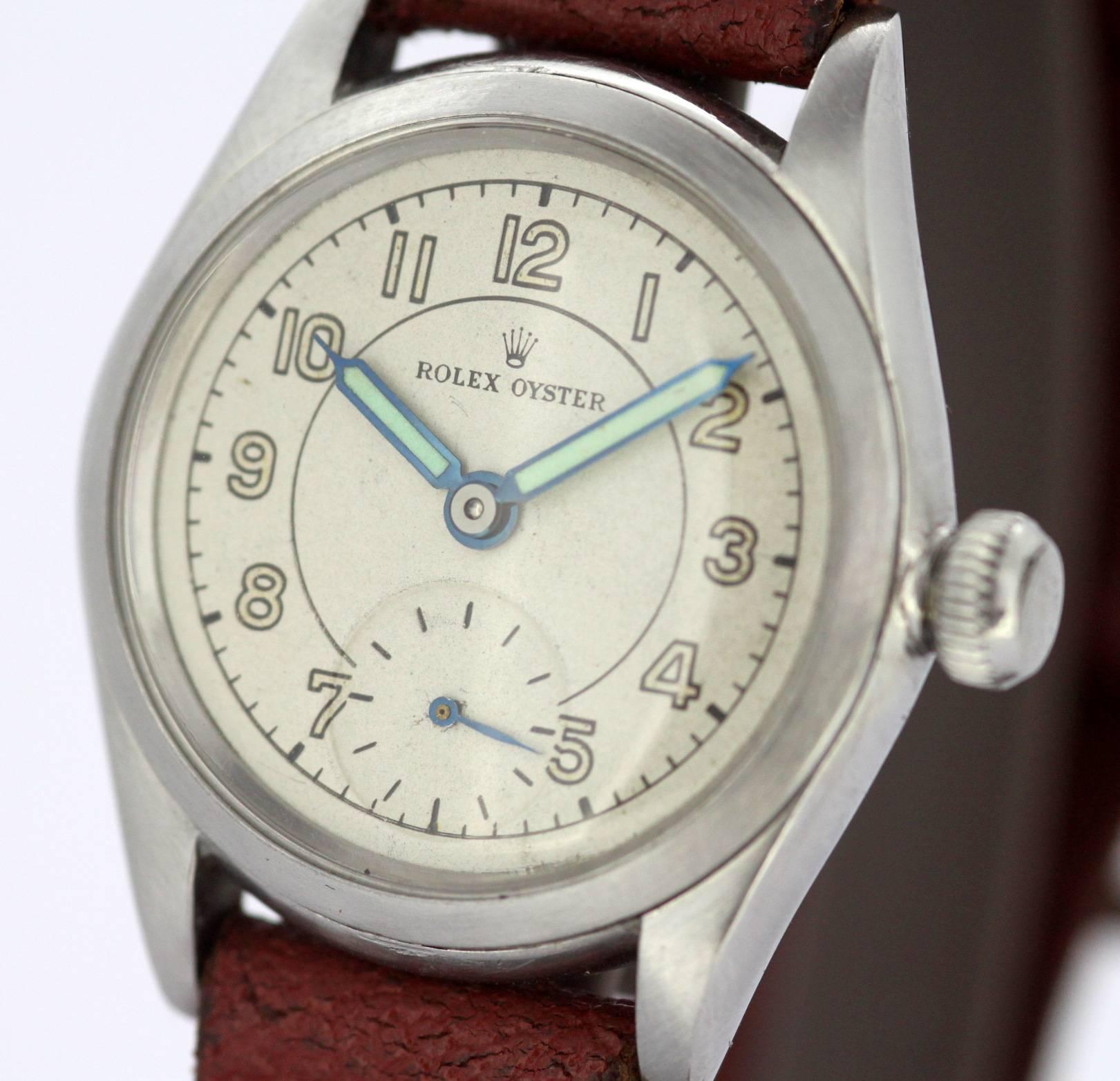 Rolex Oyster, Vintage manual winding wristwatch. 1930's 

Case : Stainless Steel Original Rolex 
Gender:	Men's 
Case size (including crown): 35 x 33 mm 
Movement: Swiss Manual wind 
Watch band material: Genuine Leather Strap 
Lens: Plexiglass