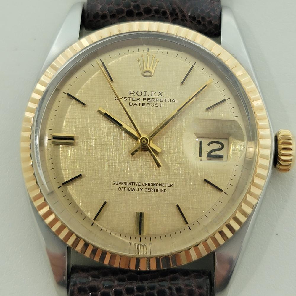 Zeitlose Ikone, Herren Rolex Oyster ref.1601 Datejust mit Leinenzifferblatt aus 18k Gelbgold und Edelstahl, ca. 1969, in ausgezeichnetem Zustand. Von einem Uhrmachermeister für echt befunden. Ikonisches, signiertes Rolex-Zifferblatt aus goldenem