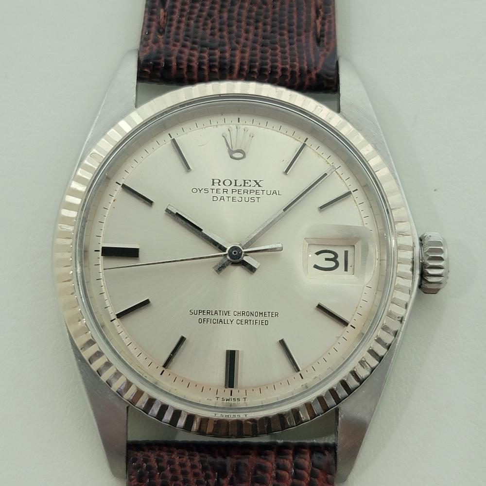 Timeless icon, Men's 18k white gold & stainless steel Rolex Oyster Perpetual Datejust Ref. 1601 automatic, c.1969, in excellent working condition. Verified authentic by a master watchmaker. Gorgeous Rolex signed silver dial, applied gold index hour