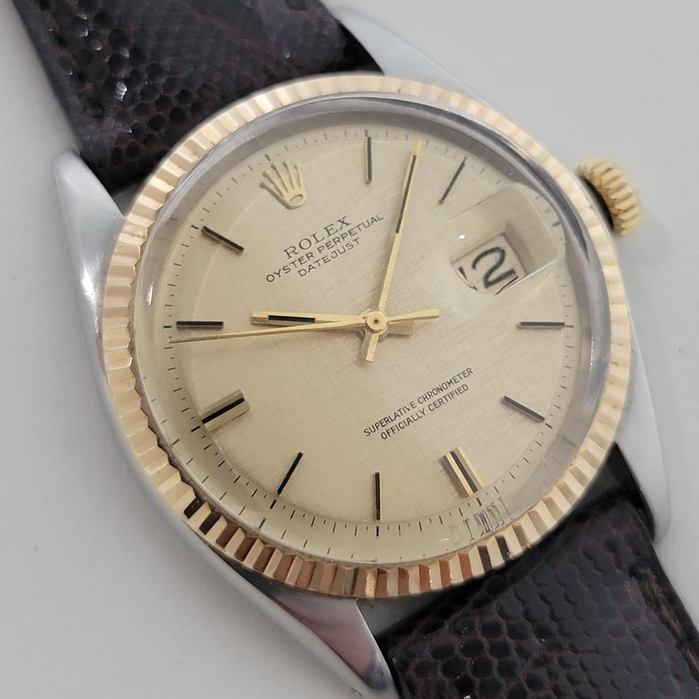 Rolex Oyster 1601 Datejust 36mm 18k Gold SS Männer Leinen Zifferblatt Automatik 1960er Jahre RA561 im Zustand „Hervorragend“ im Angebot in Beverly Hills, CA