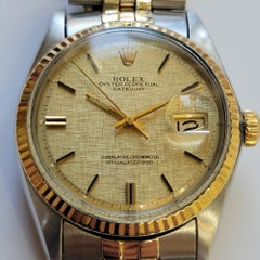 Rolex Oyster 1601 Datejust 36mm 18k SS Linen Dial Mens 1970s Automatic RA768