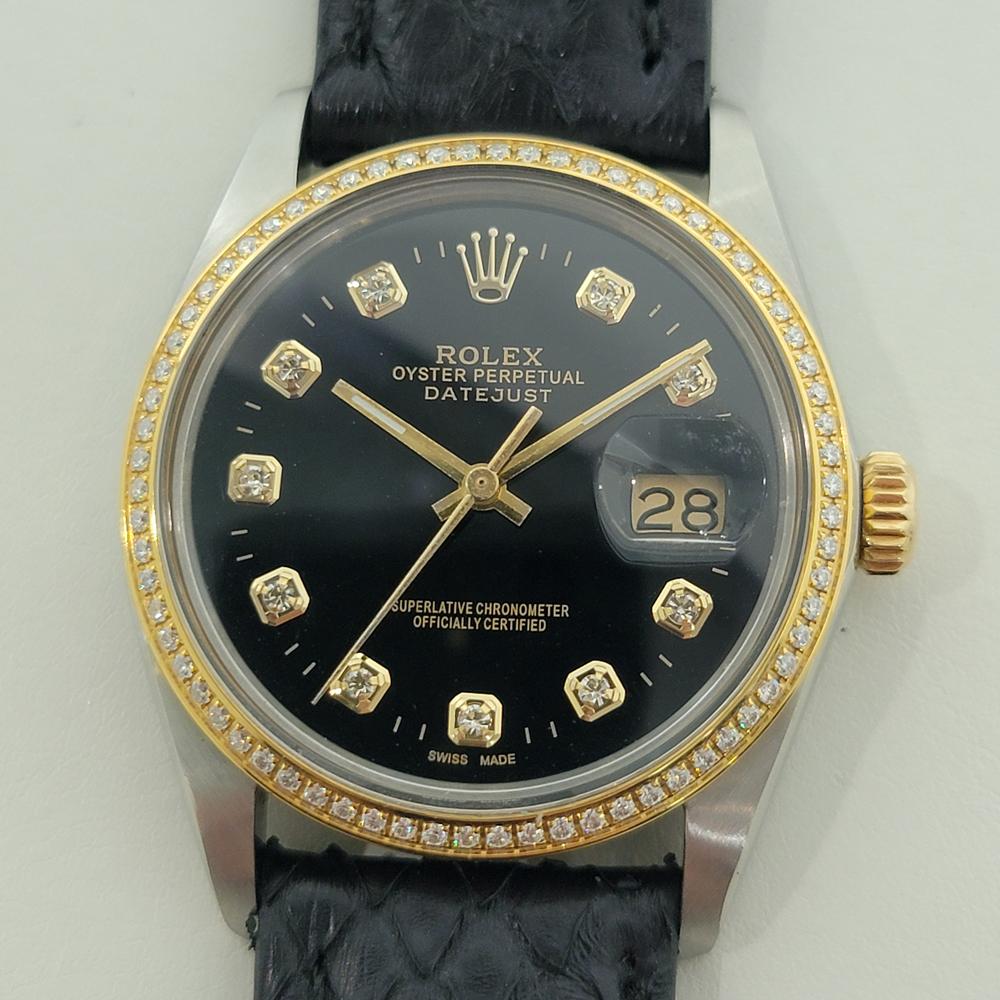 Timeless icon, Men's 18k gold and stainless steel Rolex Oyster Perpetual 16013 Datejust diamond dial automatic, c.1986, in excellent working condition. Verified authentic by a master watchmaker. Stunning Rolex signed black dial, applied aftermarket