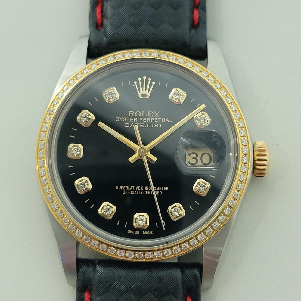 Dazzling iconic classic, Men's 18k gold and stainless steel Rolex Oyster Perpetual 16013 Datejust diamond dial automatic, c.1986, in excellent working condition. Verified authentic by a master watchmaker. Stunning Rolex signed black dial, applied