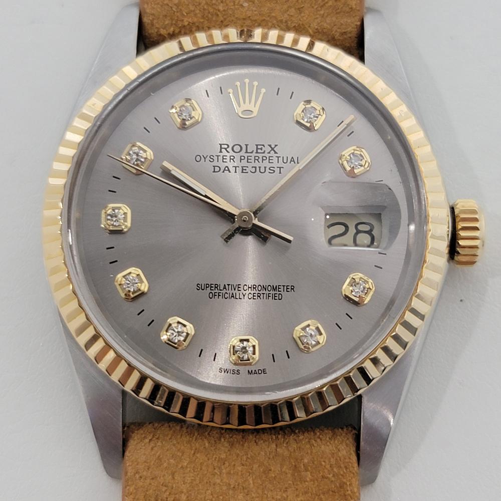 Zeitlose Ikone, Rolex Oyster Perpetual 16013 Datejust mit Diamant-Zifferblatt, 18 Karat Gold und Edelstahl, um 1987, in ausgezeichnetem Zustand. Von einem Uhrmachermeister für echt befunden. Wunderschönes, signiertes Rolex-Zifferblatt, aufgesetzte