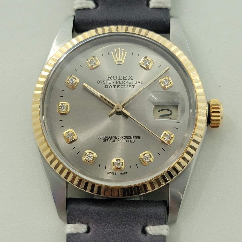 Timeless icon, Men's 18k gold and stainless steel Rolex Oyster Perpetual 16013 Datejust diamond dial automatic, c.1987, in excellent working condition. Verified authentic by a master watchmaker. Gorgeous Rolex signed dial, applied aftermarket