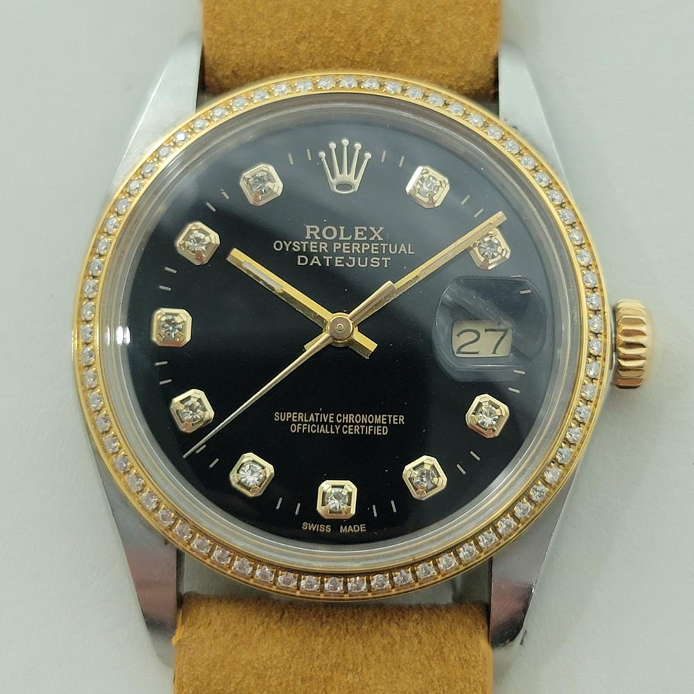 Timeless icon, Men's 18k gold and stainless steel Rolex Oyster Perpetual 16013 Datejust automatic, c.1986, in excellent working condition. Verified authentic by a master watchmaker. Gorgeous Rolex signed dial, applied aftermarket diamond hour