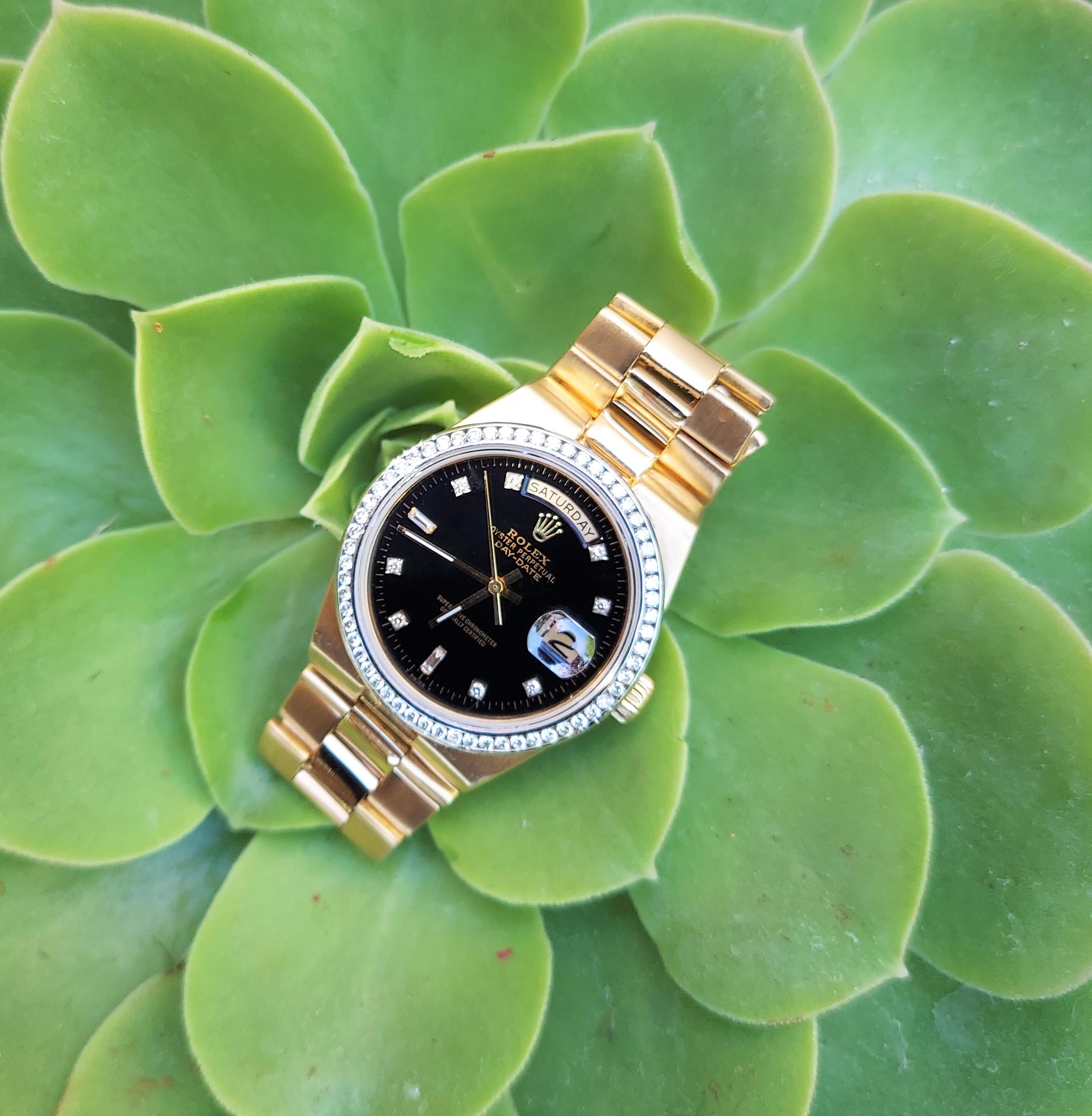 Brand - Rolex
Model - 19018
Style - Day-Date Quartz
Metals - 18k Yellow Gold
Case size - 36mm
Movement - Rolex Quartz
Crystal - sapphire
Band - Rolex Oyster Gold
Wrist size - 7 1/2 inches 
