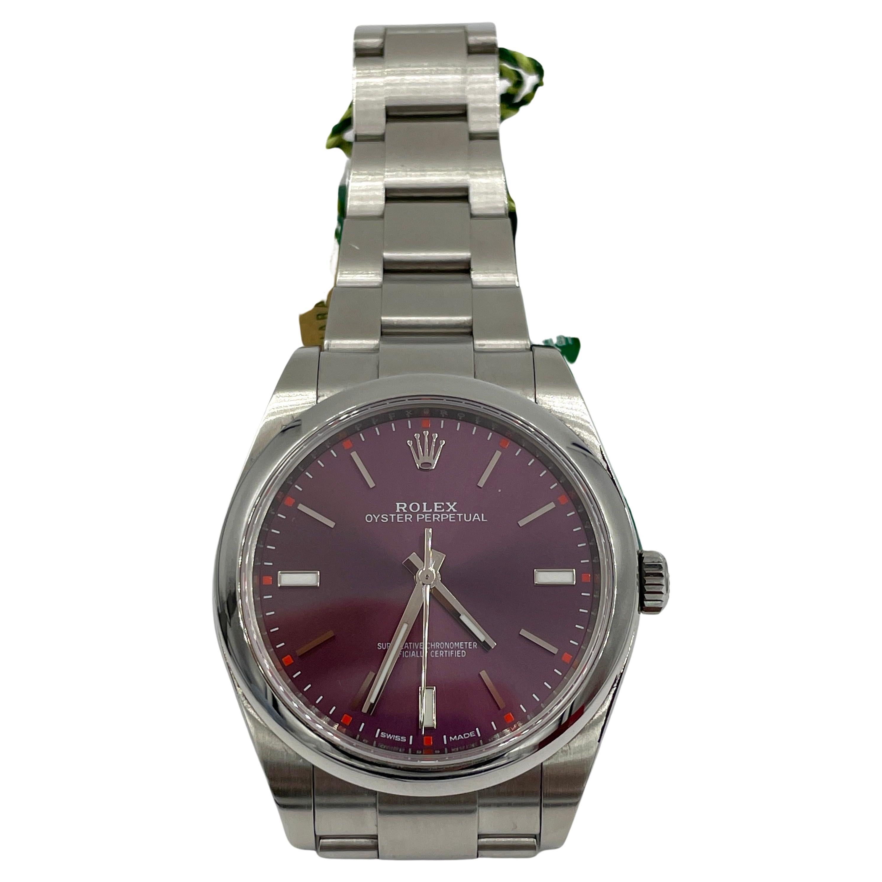 Rolex Oyster Perpetual 39mm Grape Dial stainless steel wristwatch,  2020  
Watch reference:  114300

This is a very sought-after watch in very good condition.  Gently worn with minor scratches.

MEASUREMENTS: Watch case 39 mm 

SIZE:  Fits up to a