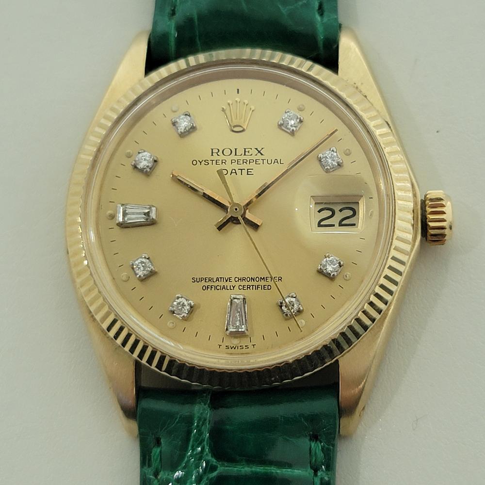 Lujo atemporal, Rolex Oyster Perpetual Date Ref 1503 automático de oro macizo de 14 quilates para hombre, con esfera de diamantes, c.1970, en perfecto estado vintage. Verificado auténtico por un maestro relojero. Preciosa esfera de oro firmada por