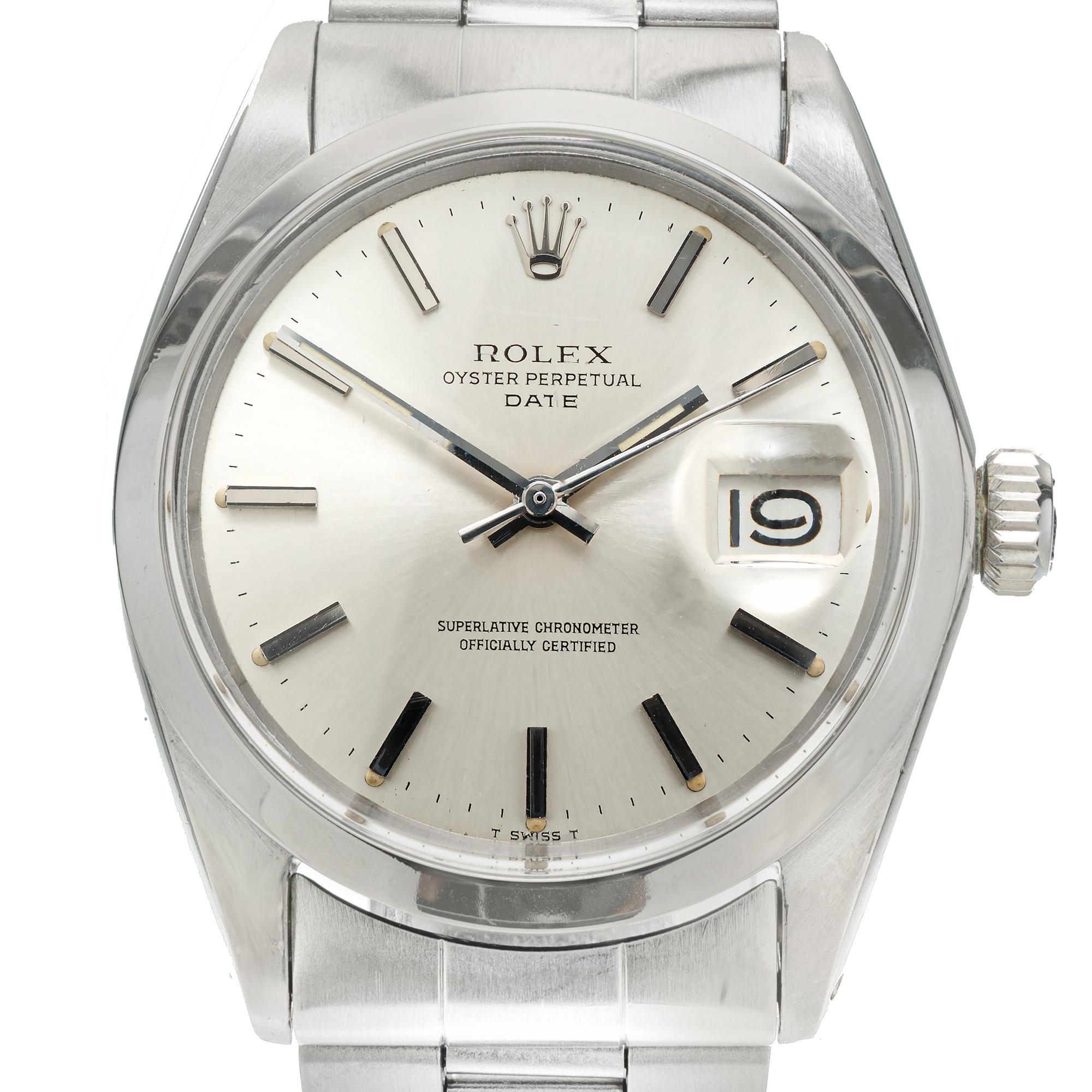 Vintage 1967 Rolex oyster date 34mm watch.  All original model 1500. Minor normal wear. Recently serviced.

Length: 41.91mm
Width: 34mm
Band width at case: 19mm
Case thickness: 13.03mm
Band: stainless steel oyster band
Crystal: acrylic 
Dial: silver