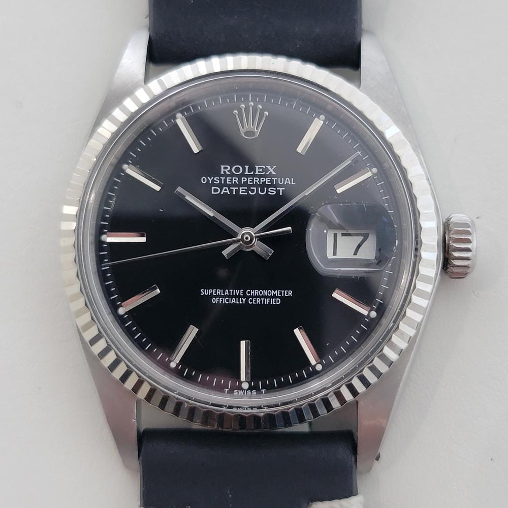 Clásico icónico, Rolex Oyster Perpetual Datejust Ref. 1601 Automático de caballero de oro blanco de 18 quilates y acero inoxidable, c.1972, en excelente estado de funcionamiento. Verificado auténtico por un maestro relojero. Preciosa esfera negra