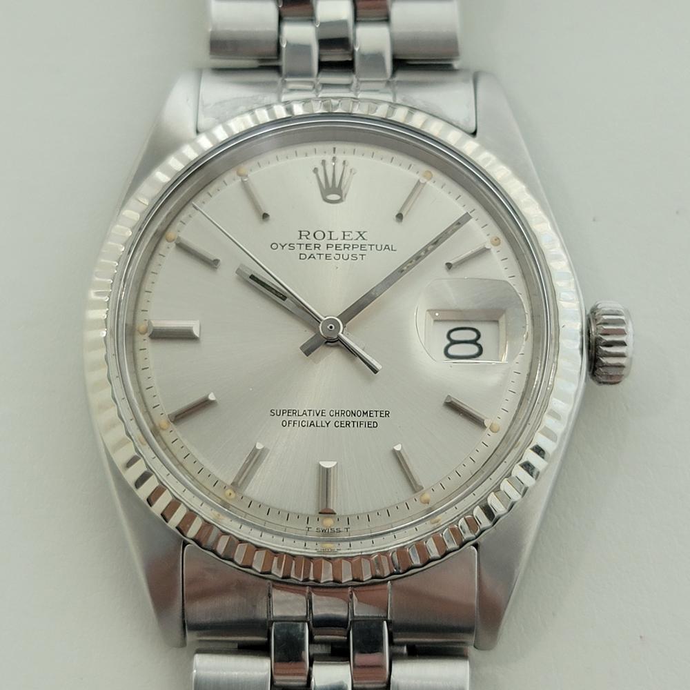 Icône mondiale, Rolex Oyster Perpetual 1601 la Datejust automatique pour hommes, avec lunette en or blanc 18k, c.1971, entièrement d'origine, en excellent état de marche. Vérifié authentique par un maître horloger. Magnifique cadran argenté signé