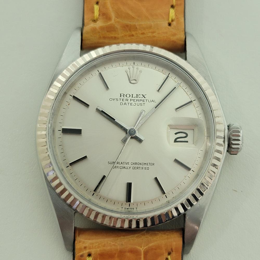 Iconic classic, Men's 18k white gold & stainless steel Rolex Oyster Perpetual Datejust Ref. 1601 automatic, c.1969, in excellent working condition. Verified authentic by a master watchmaker. Gorgeous Rolex signed silver dial, applied gold index hour