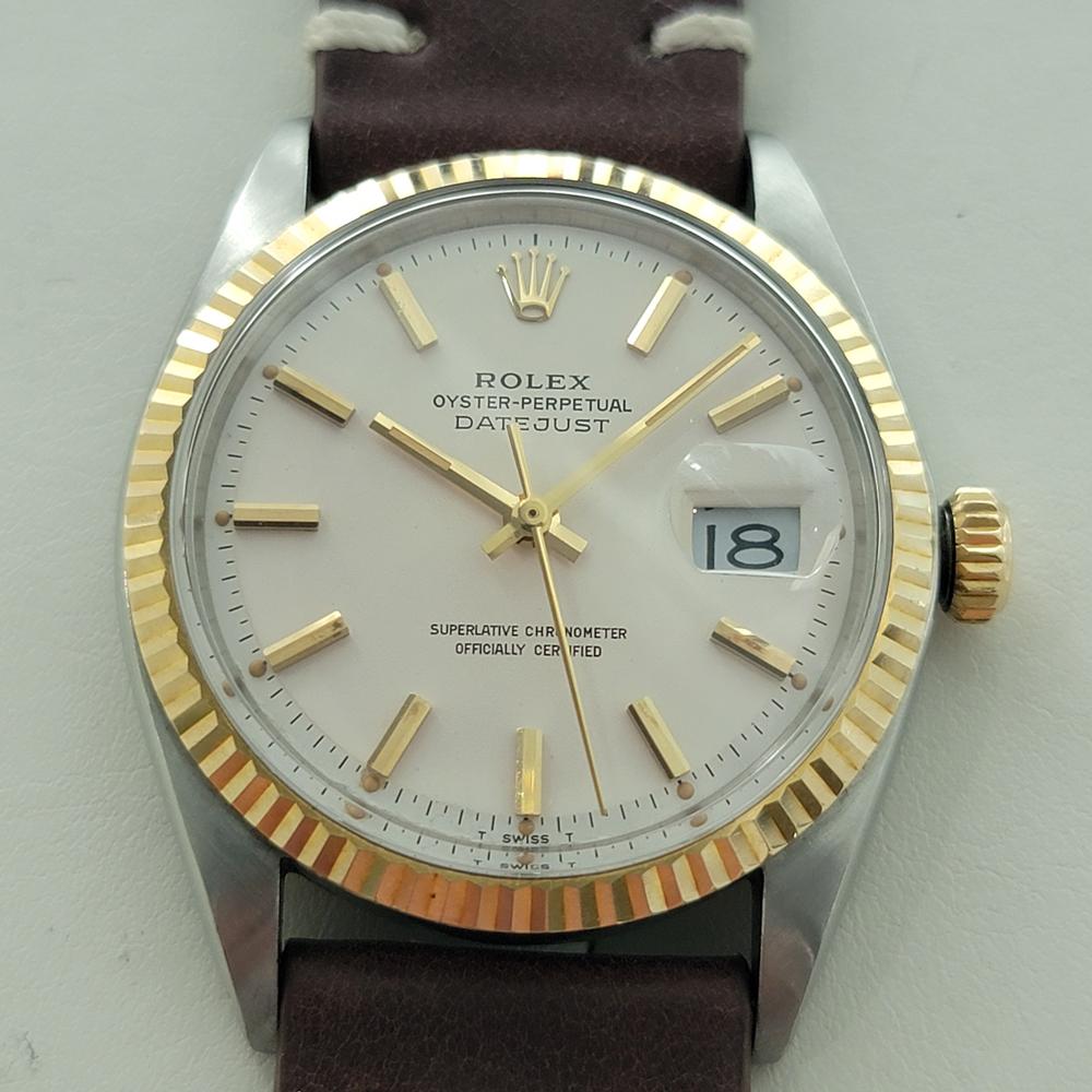 Timeless icon, Men's 18k gold & stainless steel Rolex Oyster Perpetual Datejust Ref. 1601 automatic, c.1968, in excellent working condition. Verified authentic by a master watchmaker. Gorgeous Rolex signed white dial, applied gold baton index hour