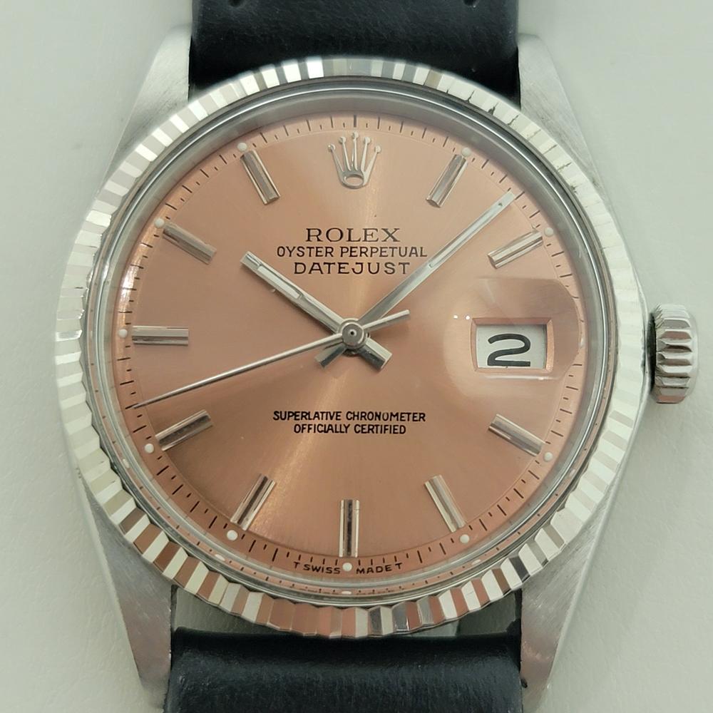 Iconic classic, Men's 18k white gold and stainless steel Rolex Oyster Datejust ref.1601 automatic, c.1974, in excellent working condition. Verified authentic by a master watchmaker. Gorgeous Rolex signed salmon dial, applied baton index hour