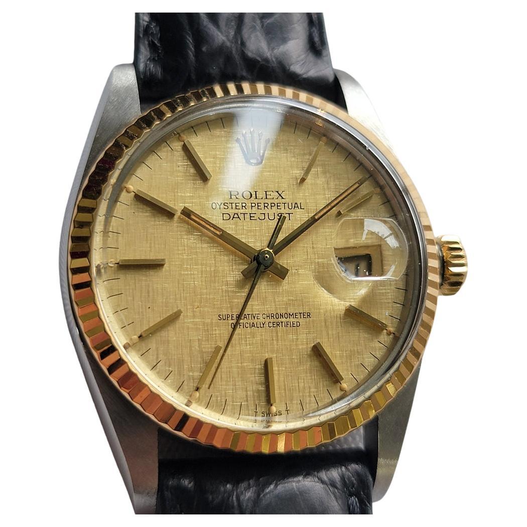 Rolex Oyster Datejust 16013 36mm 18k SS 1980s Linen Dial Mens Automatic RA395C For Sale