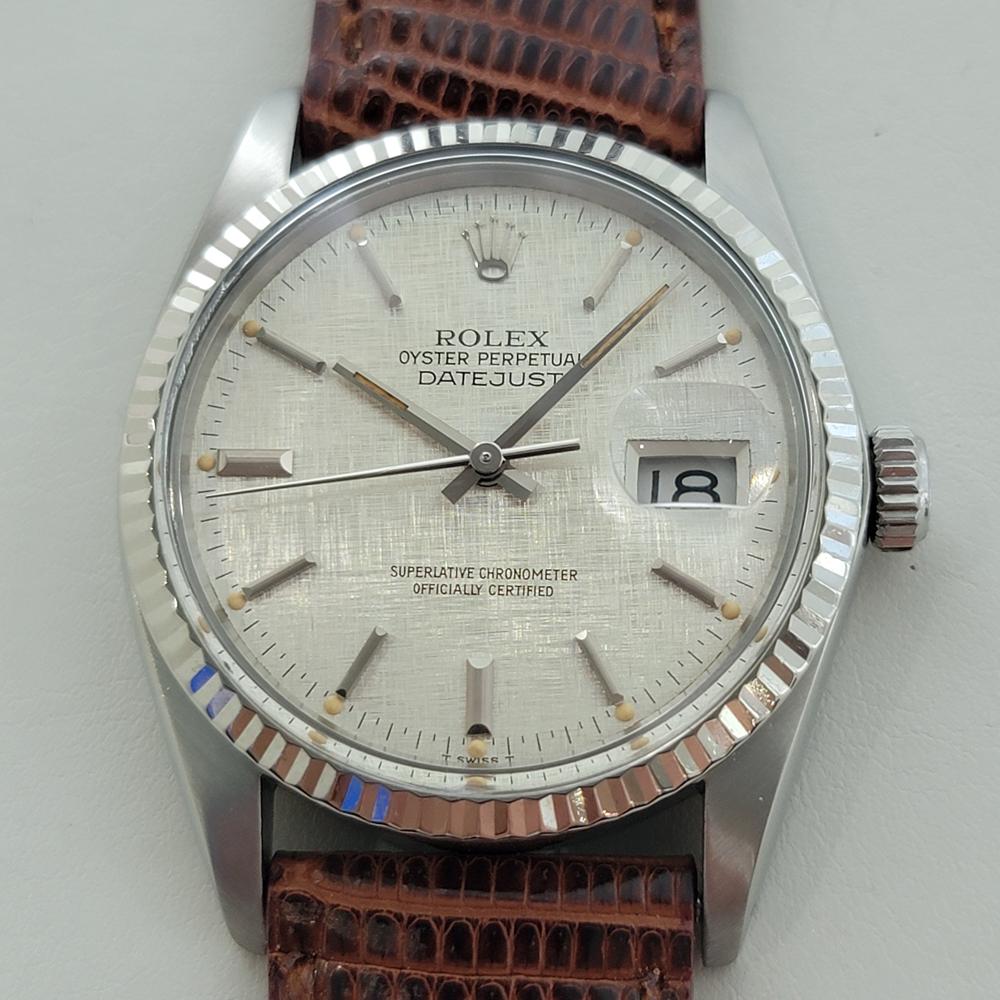 Zeitlose Ikone, Rolex 18k Weißgold und Edelstahl Herren Oyster Perpetual Datejust Ref.16014 automatisch, ca. 1983, in ausgezeichnetem Zustand. Von einem Uhrmachermeister für echt befunden. Wunderschönes, signiertes Rolex-Zifferblatt aus Leinen,